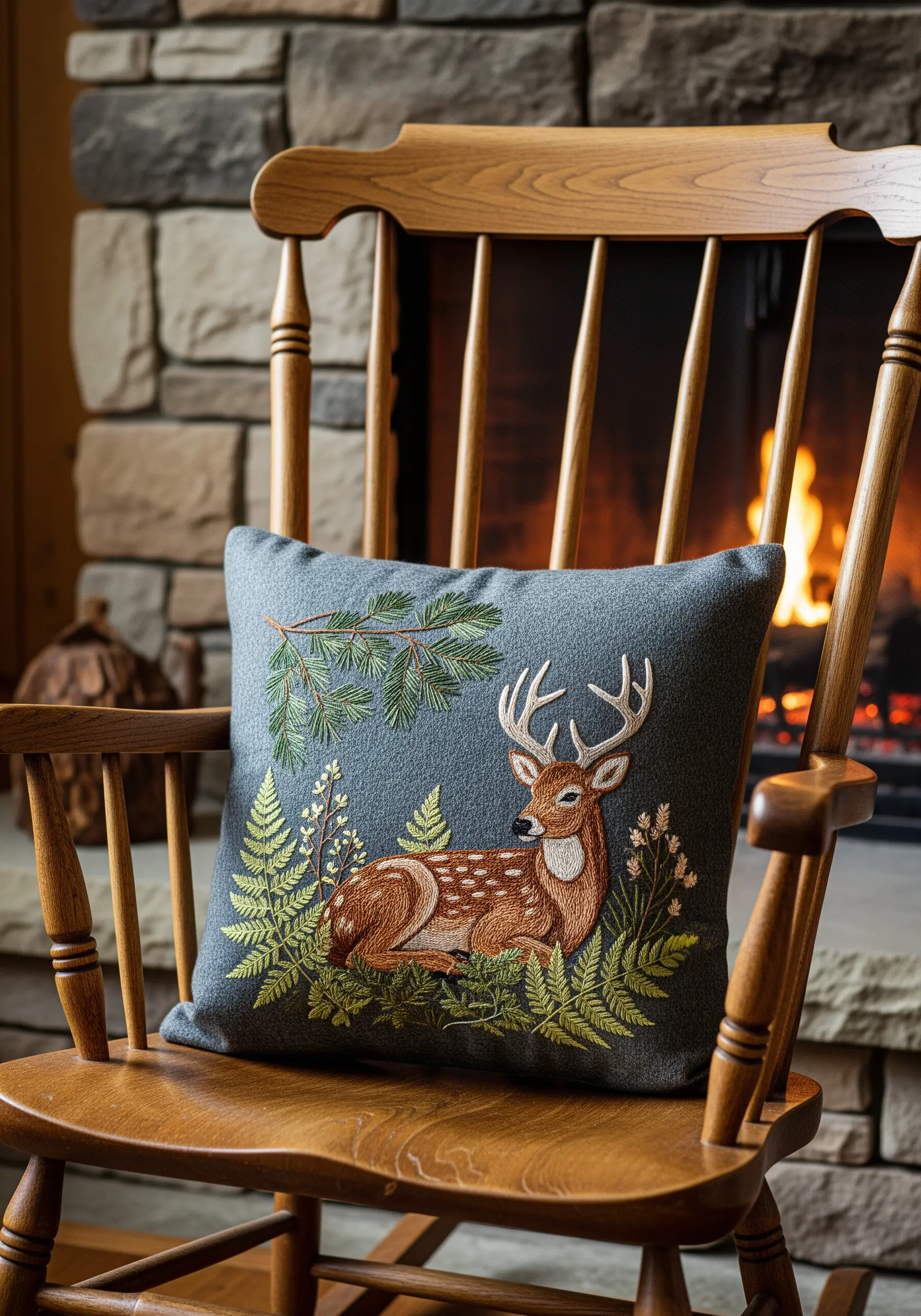 Embroidered deer and ferns on a dark grey pillow resting on a wooden chair