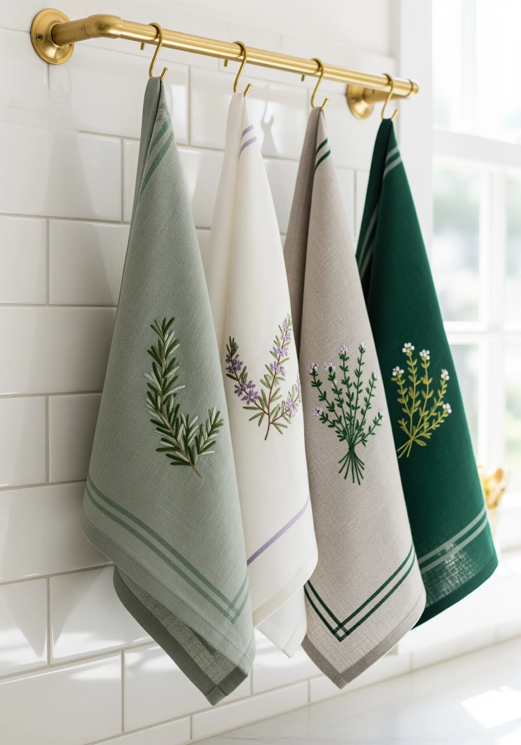 Four linen tea towels, each embroidered with a different herb sprig.