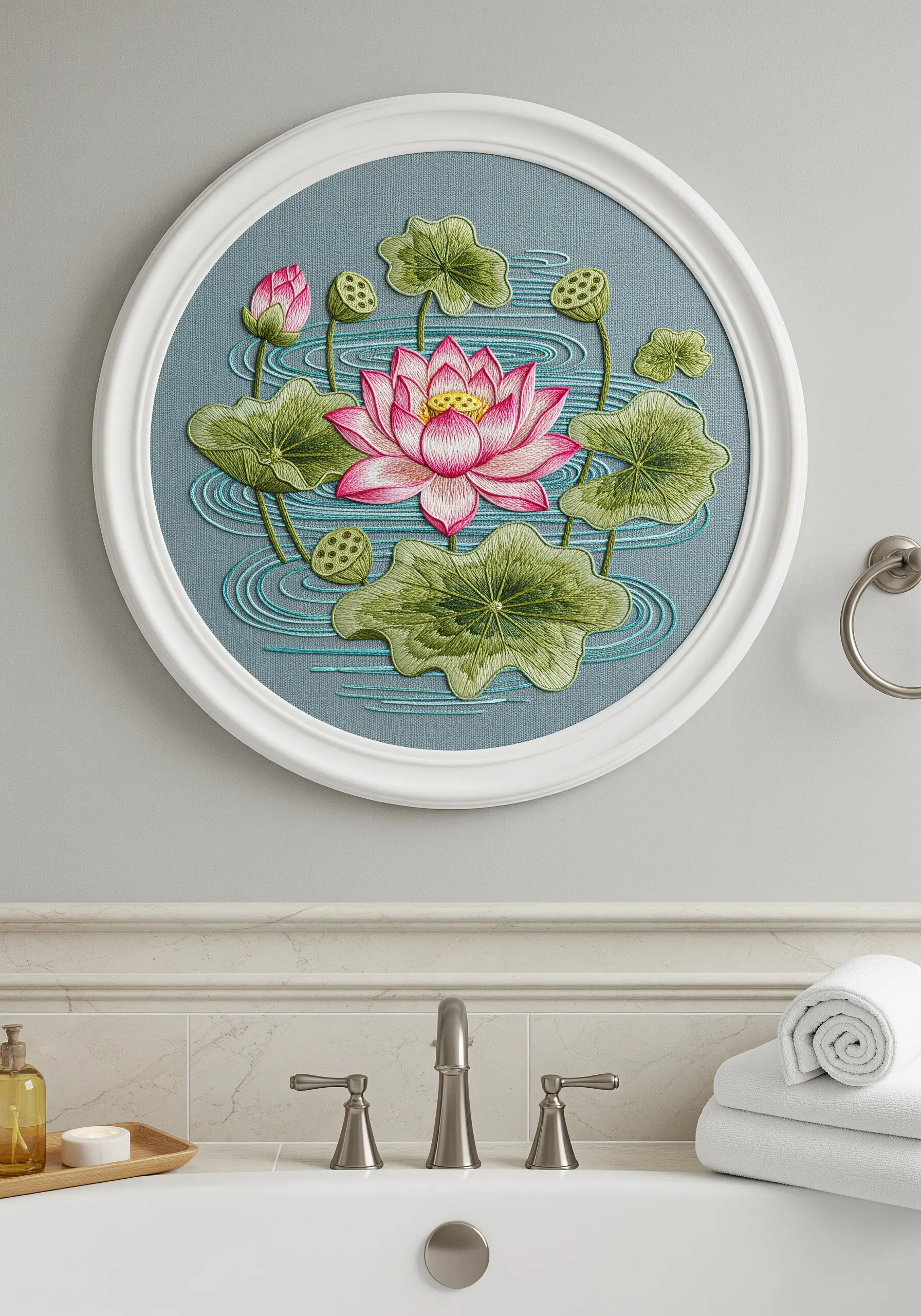 A detailed embroidery of a pink lotus and green lily pads on a rippling blue background.