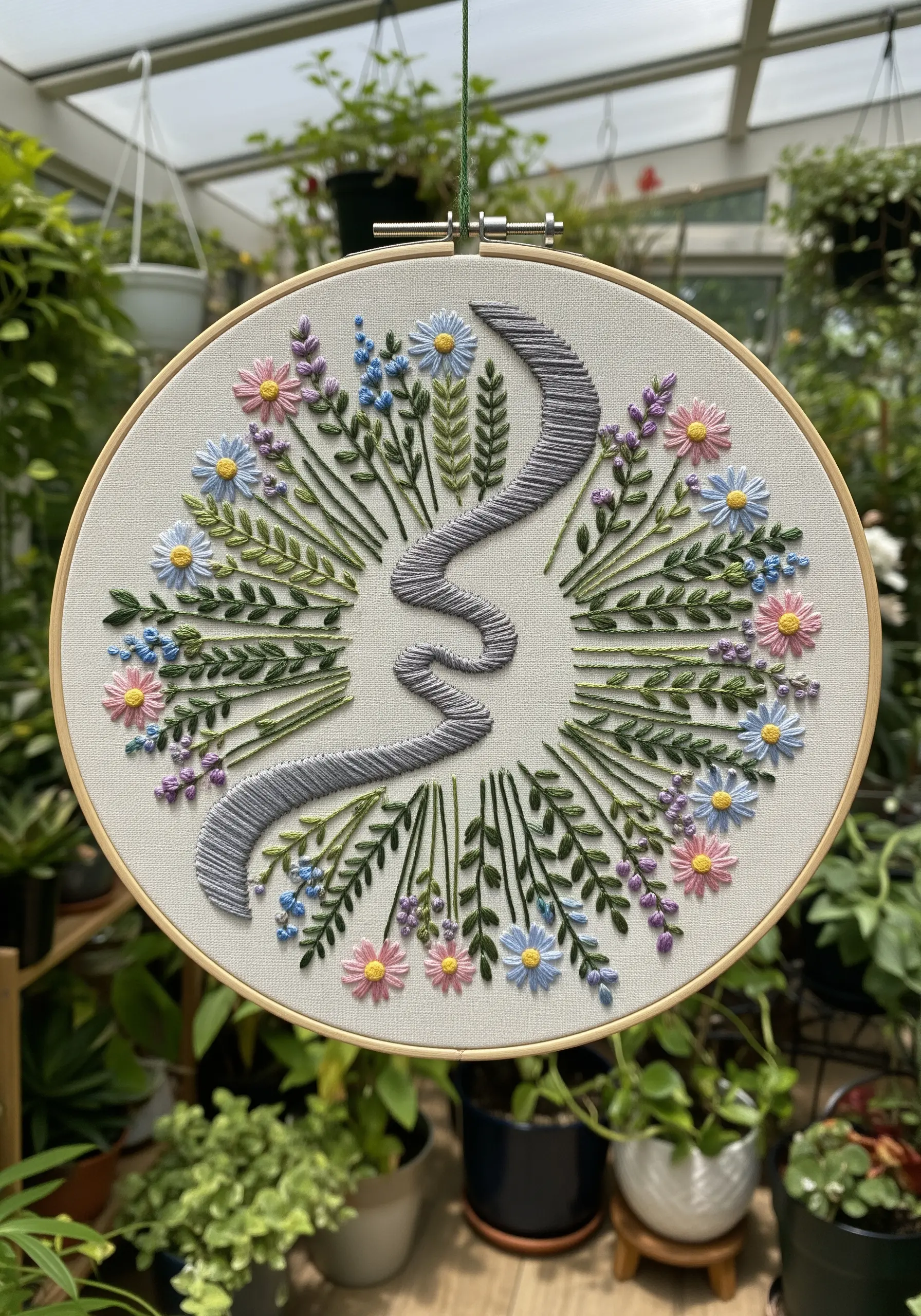 An embroidered hoop with a central gray satin-stitched snake surrounded by delicate wildflowers.