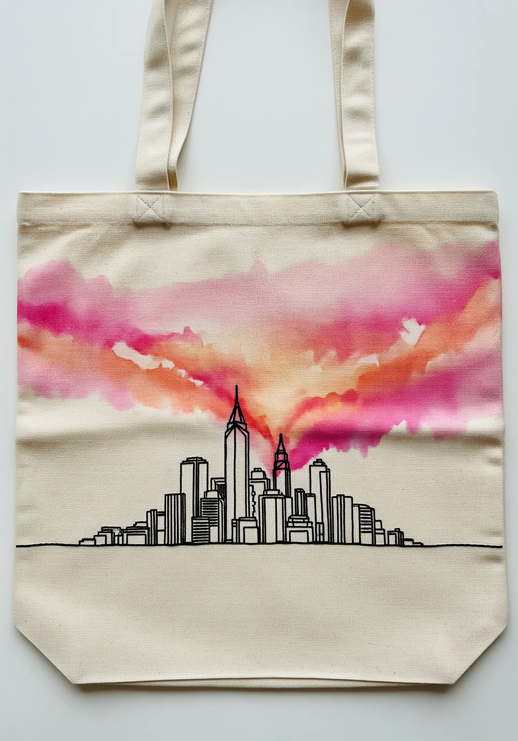 A black outline of a city skyline embroidered over a pink watercolor sunset.