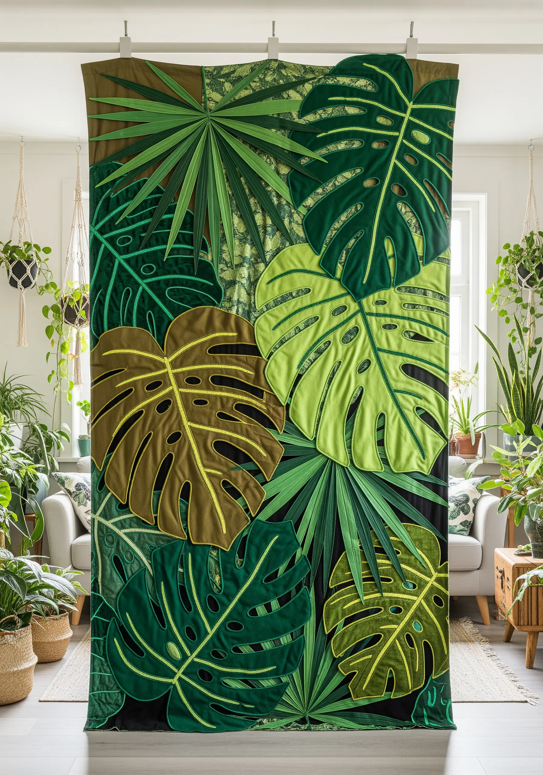 A large fabric wall hanging featuring oversized, appliquéd tropical leaves like Monstera.
