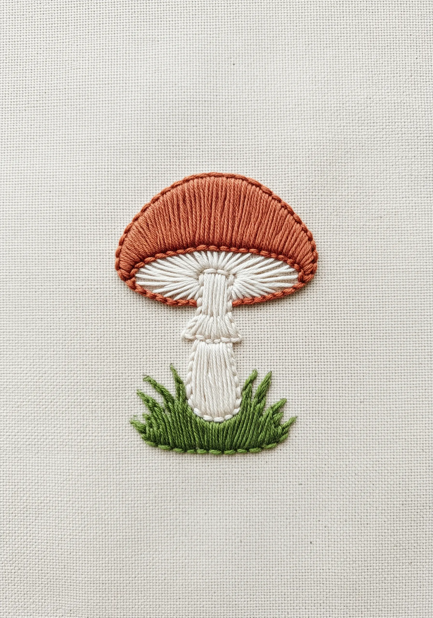 Realistic embroidered mushroom with a rounded satin stitch cap.