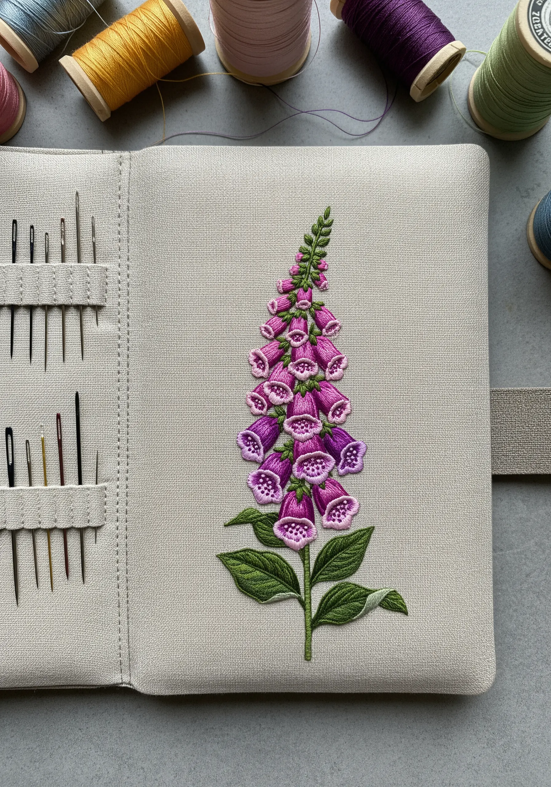 A highly detailed embroidered foxglove stalk with pink and purple gradient flowers.