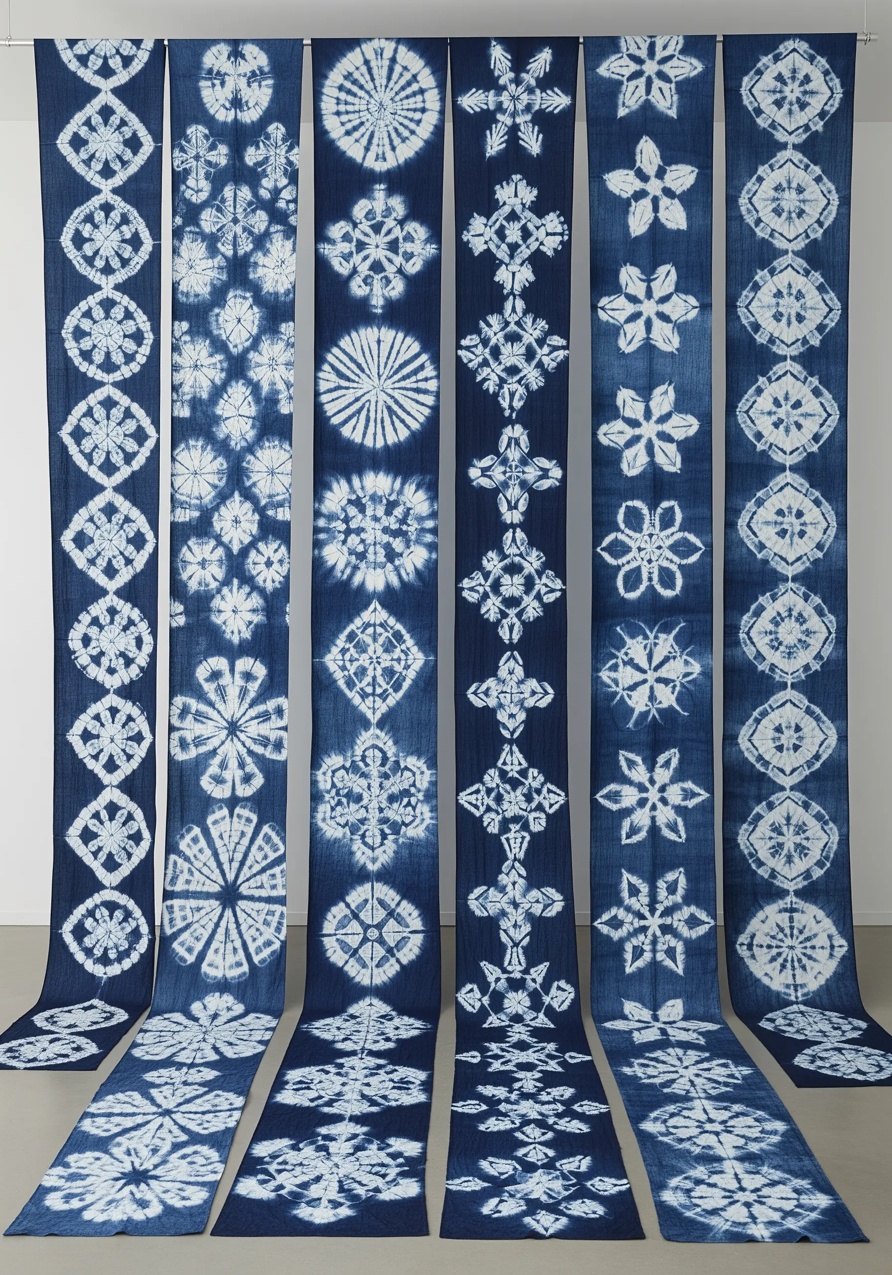 A series of long indigo banners with different white Shibori dye patterns hanging side-by-side.