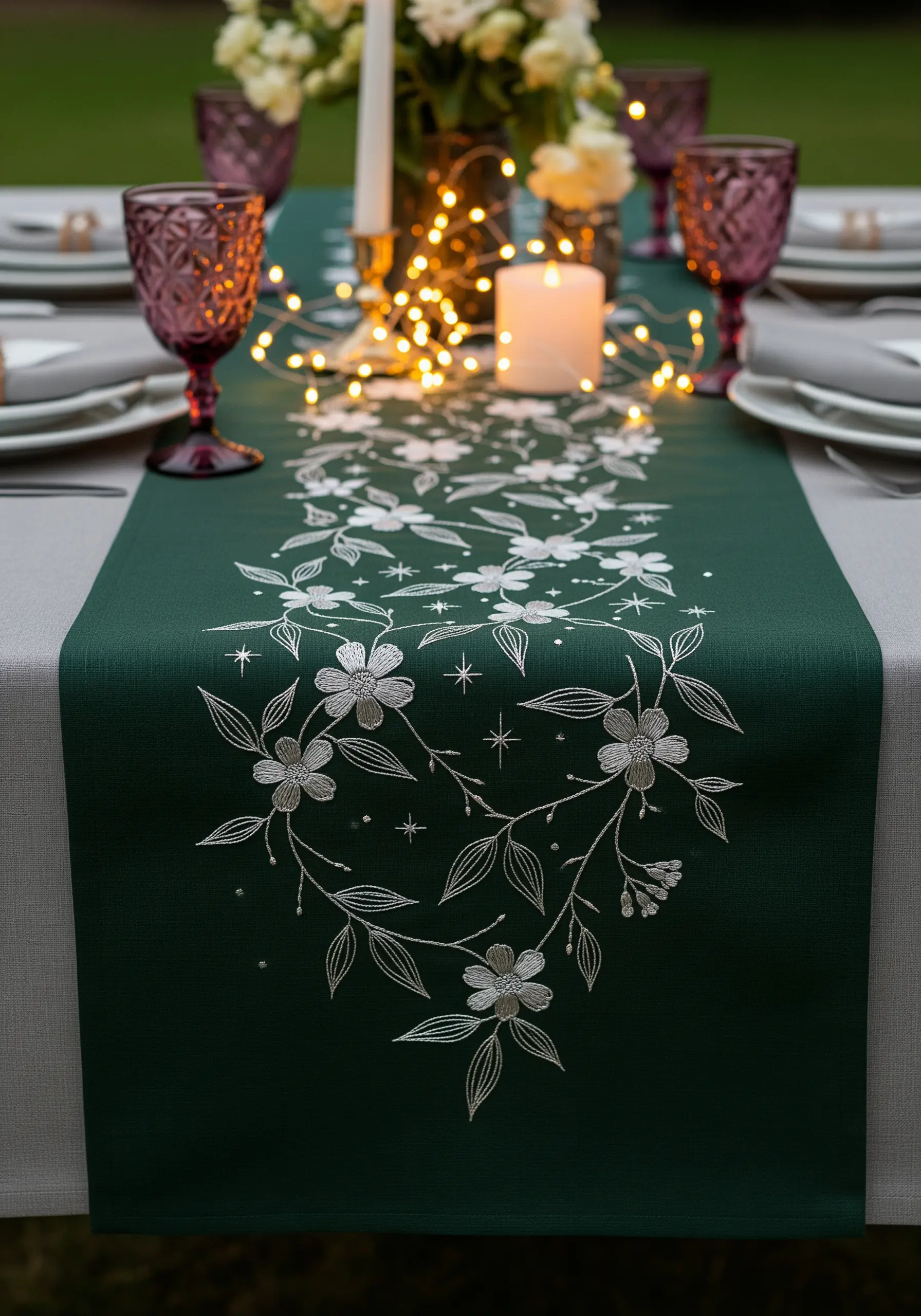 Silver and white embroidery of a floral vine with sparkling details on a dark green runner.