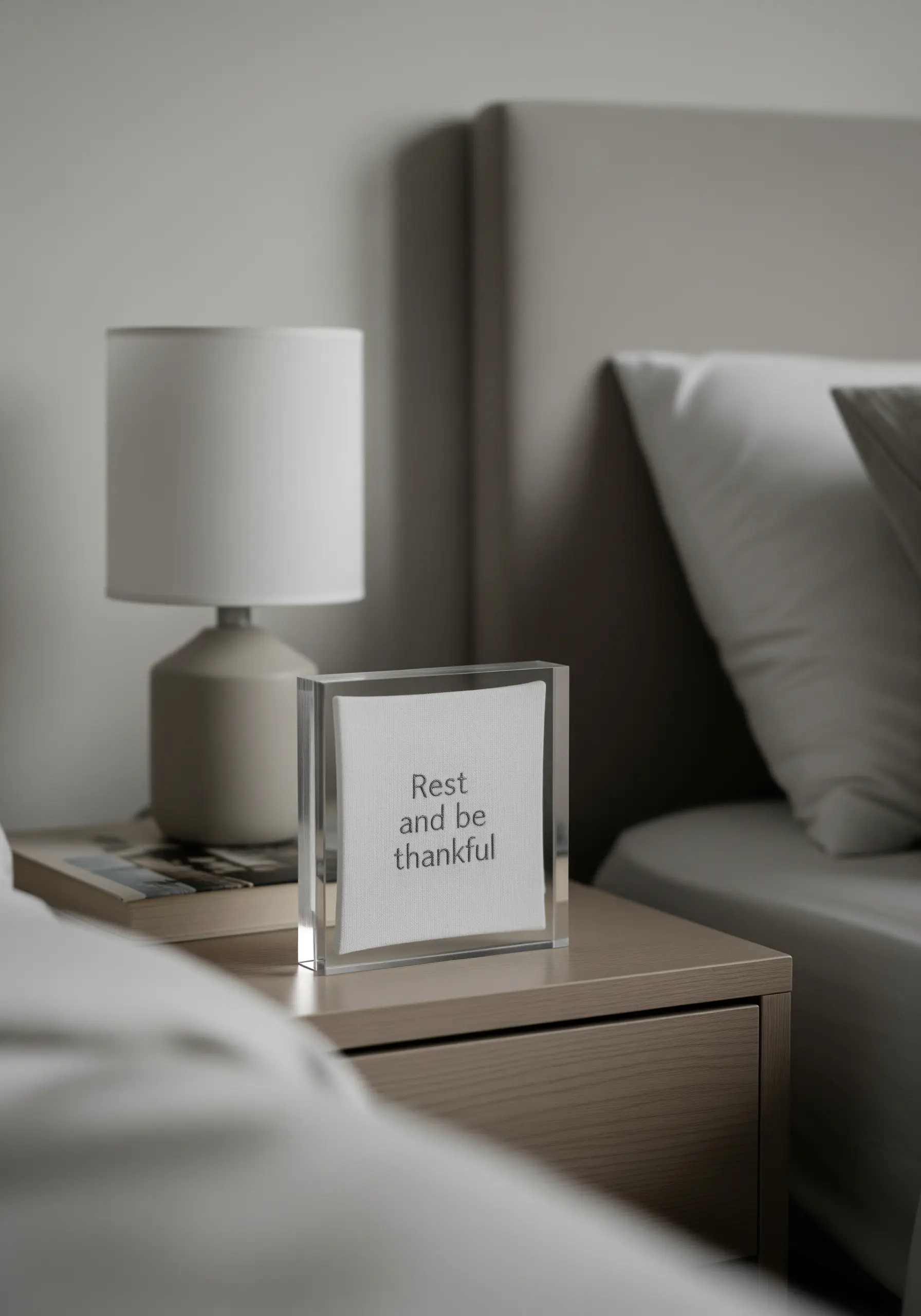 A tiny, minimalist quote stitched on fabric and encased in a clear acrylic block.