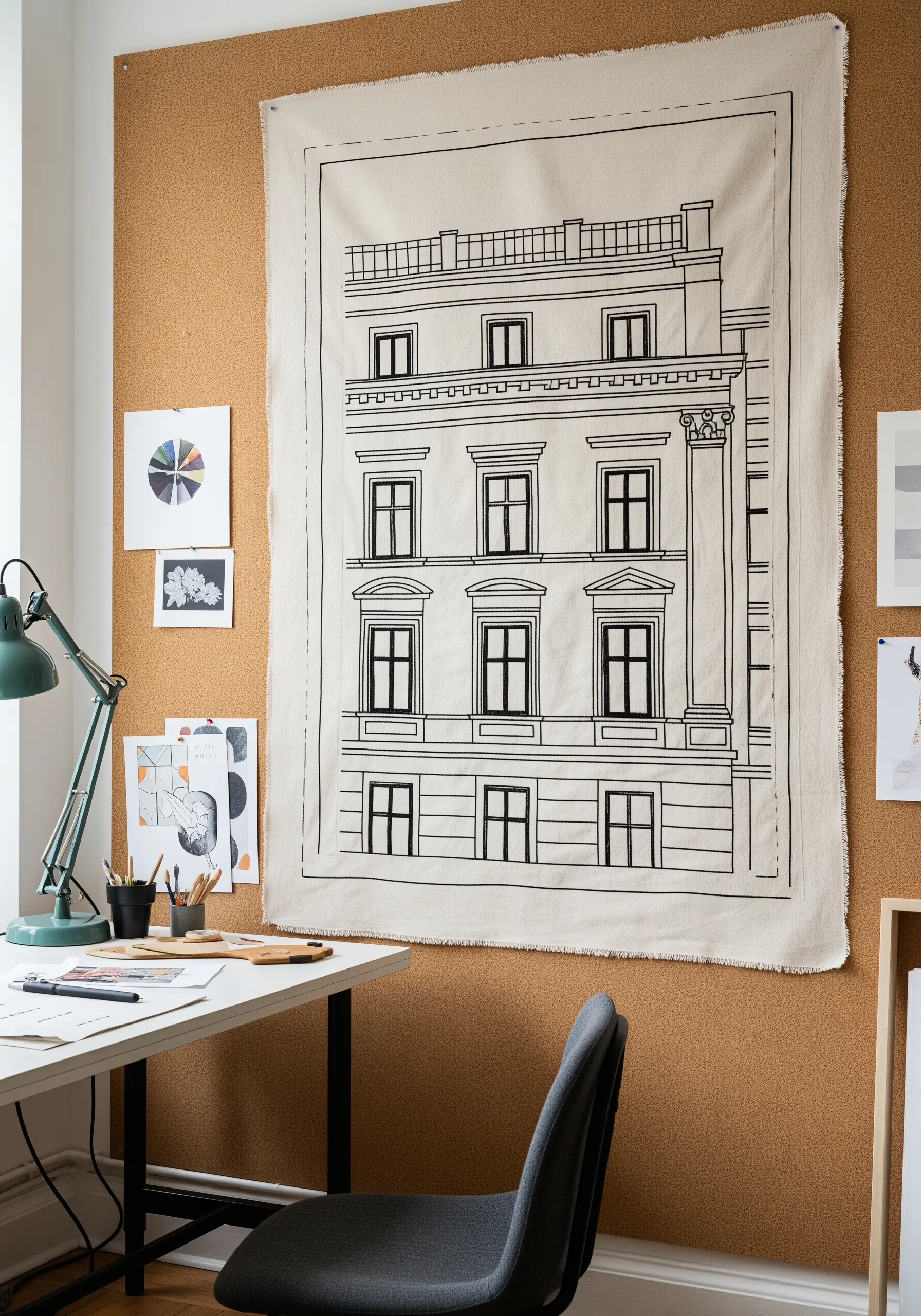 A line art embroidery of a building's facade on a raw-edged canvas.