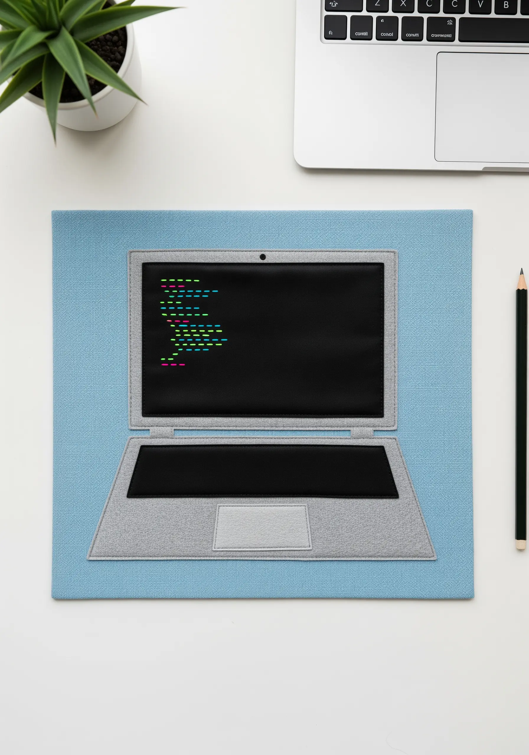 A laptop made from felt appliqué with embroidered code on the screen.
