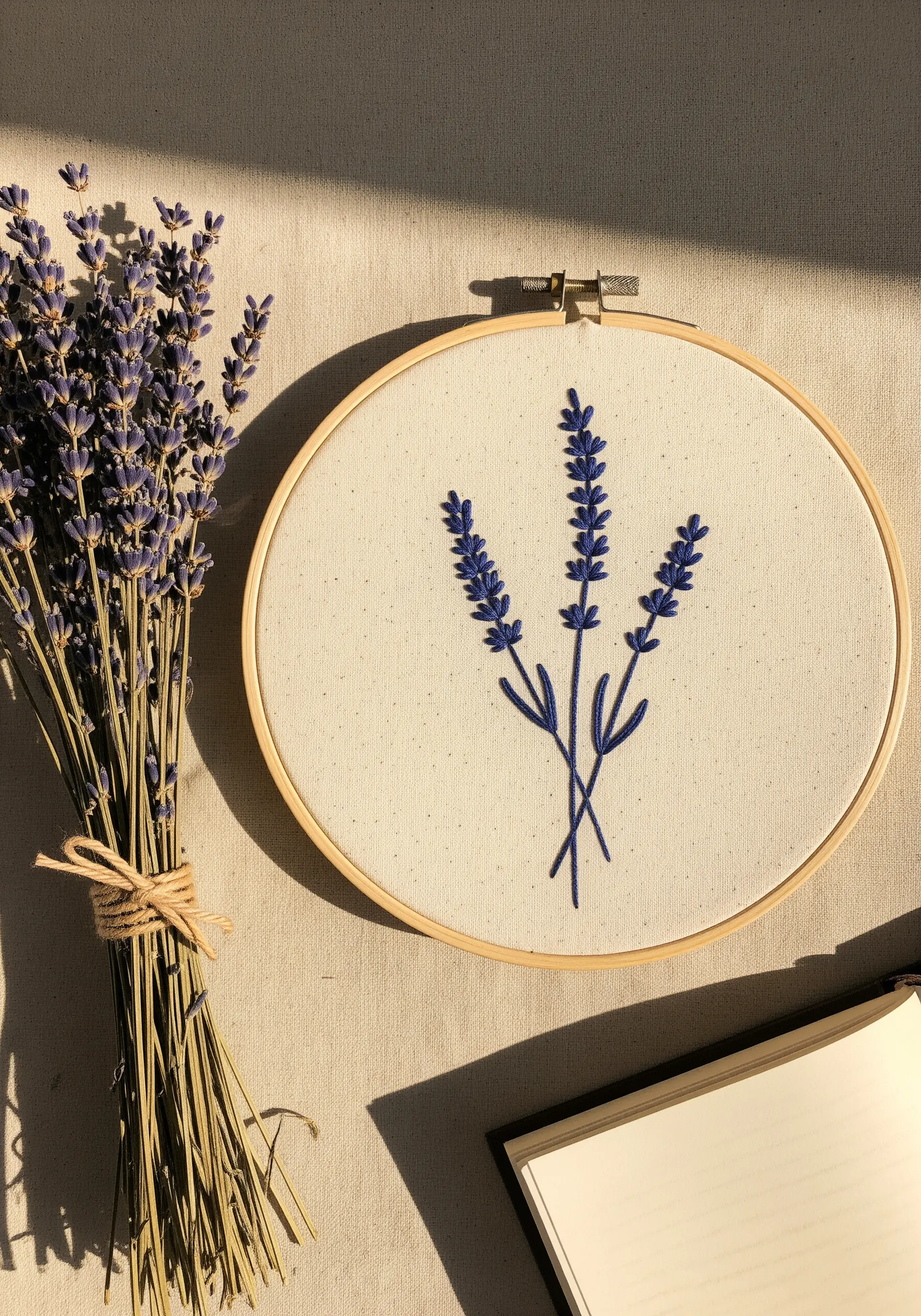Minimalist lavender bouquet embroidered with purple thread and French knots.