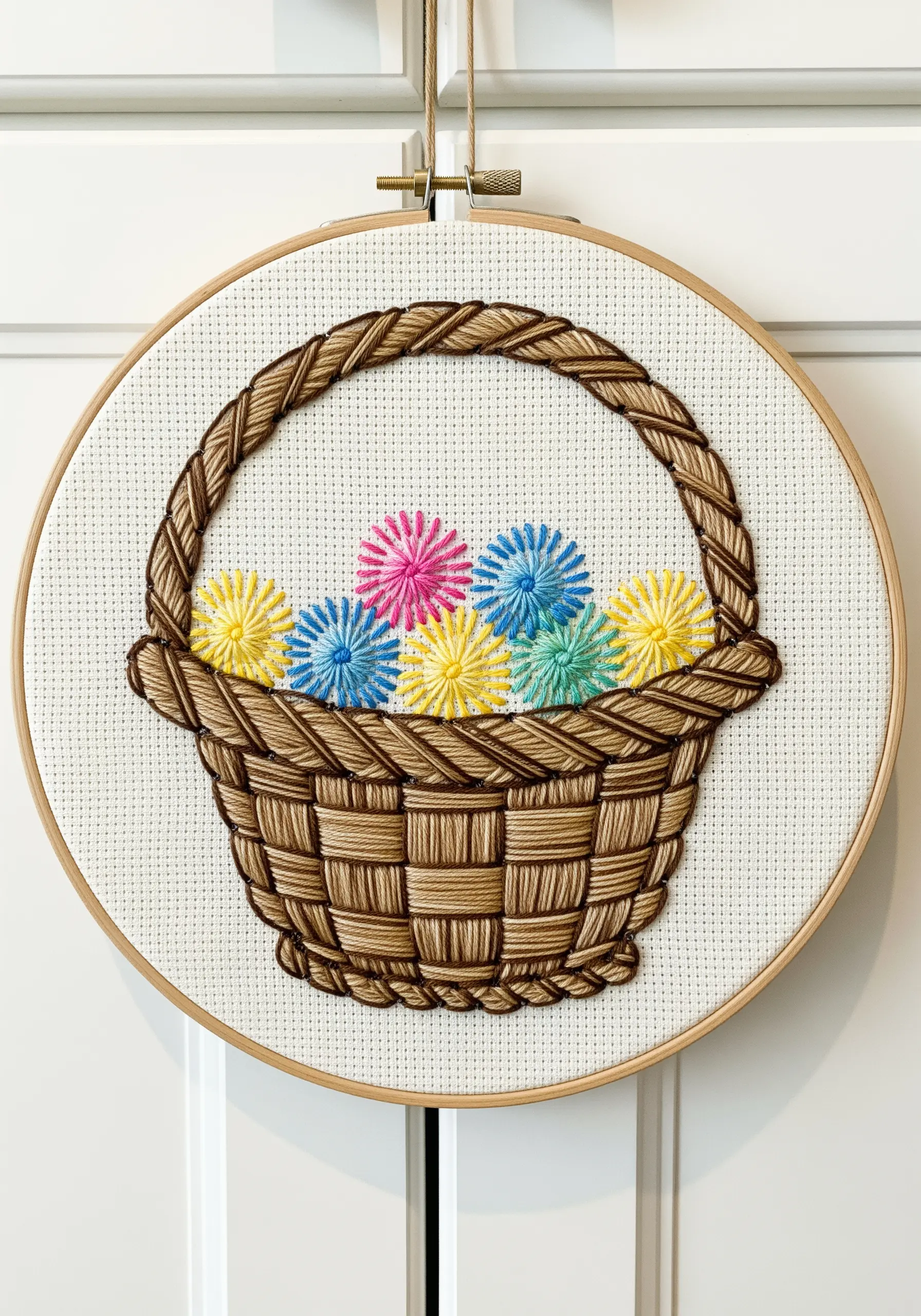 String art Easter basket with a woven texture created by alternating stitch directions.