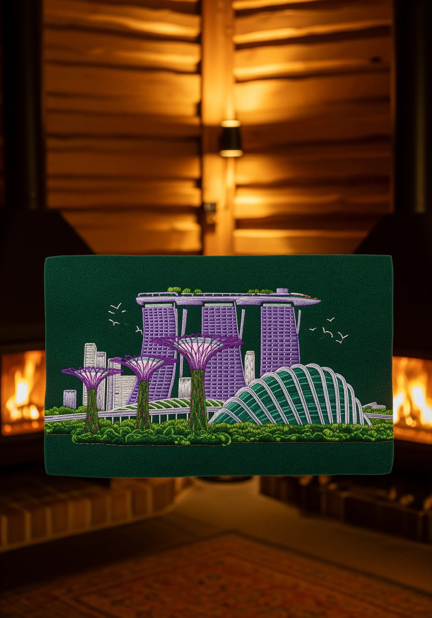 Detailed embroidery of Singapore's Gardens by the Bay against a dark green background.
