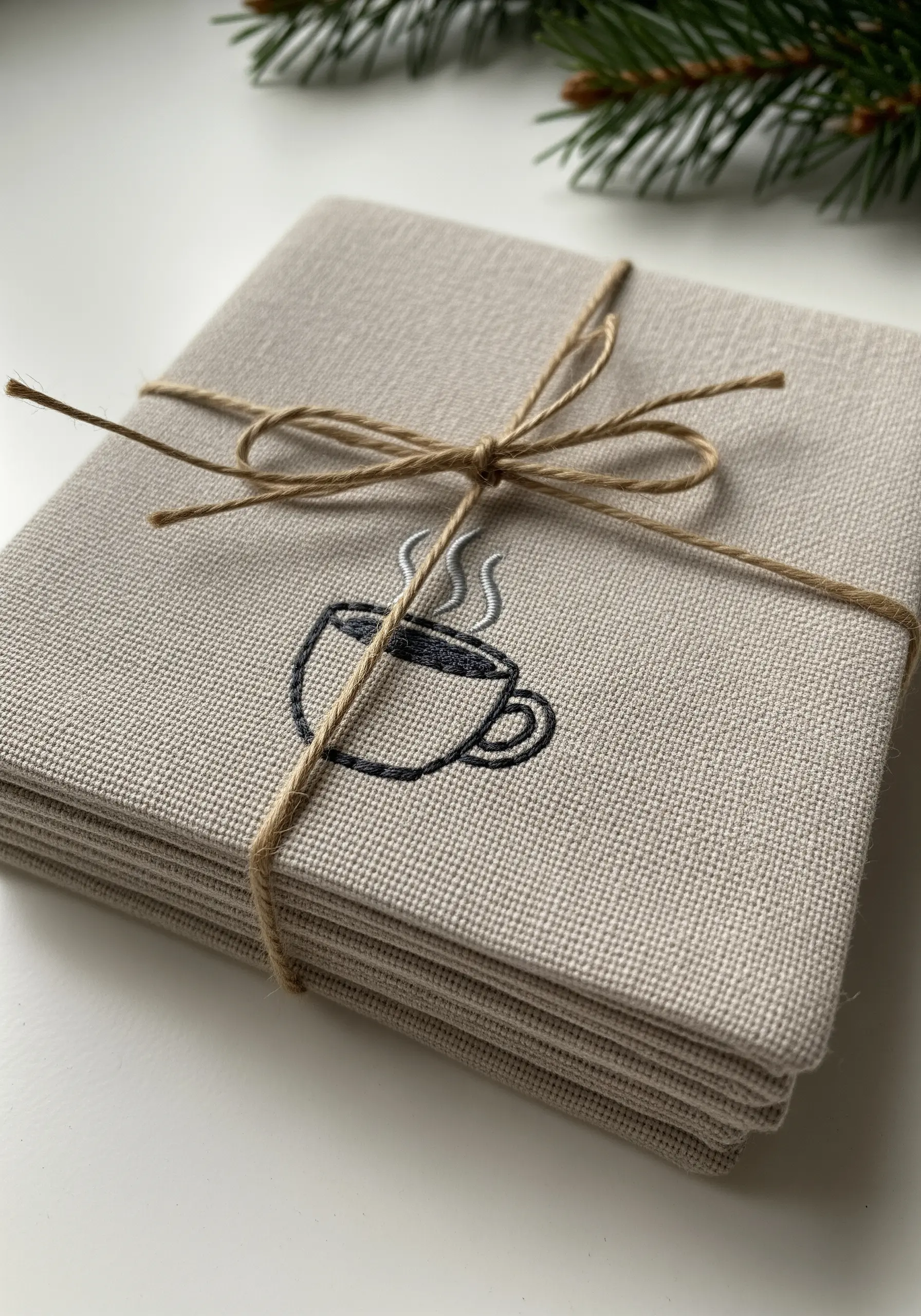 A simple outline of a coffee cup with steam, stitched on a stack of linen napkins.