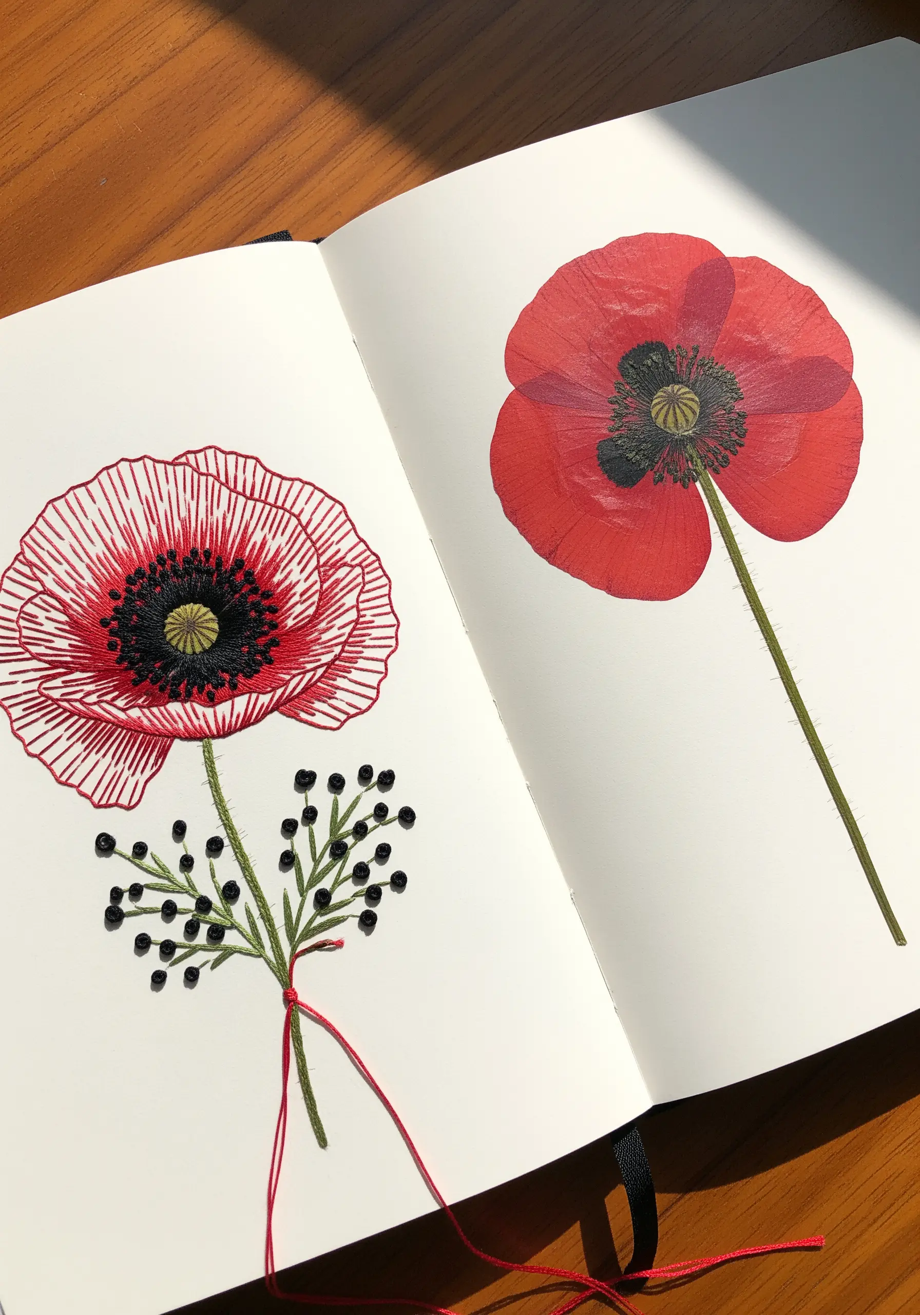 A sketchbook showing an embroidered poppy next to a real pressed poppy for comparison.