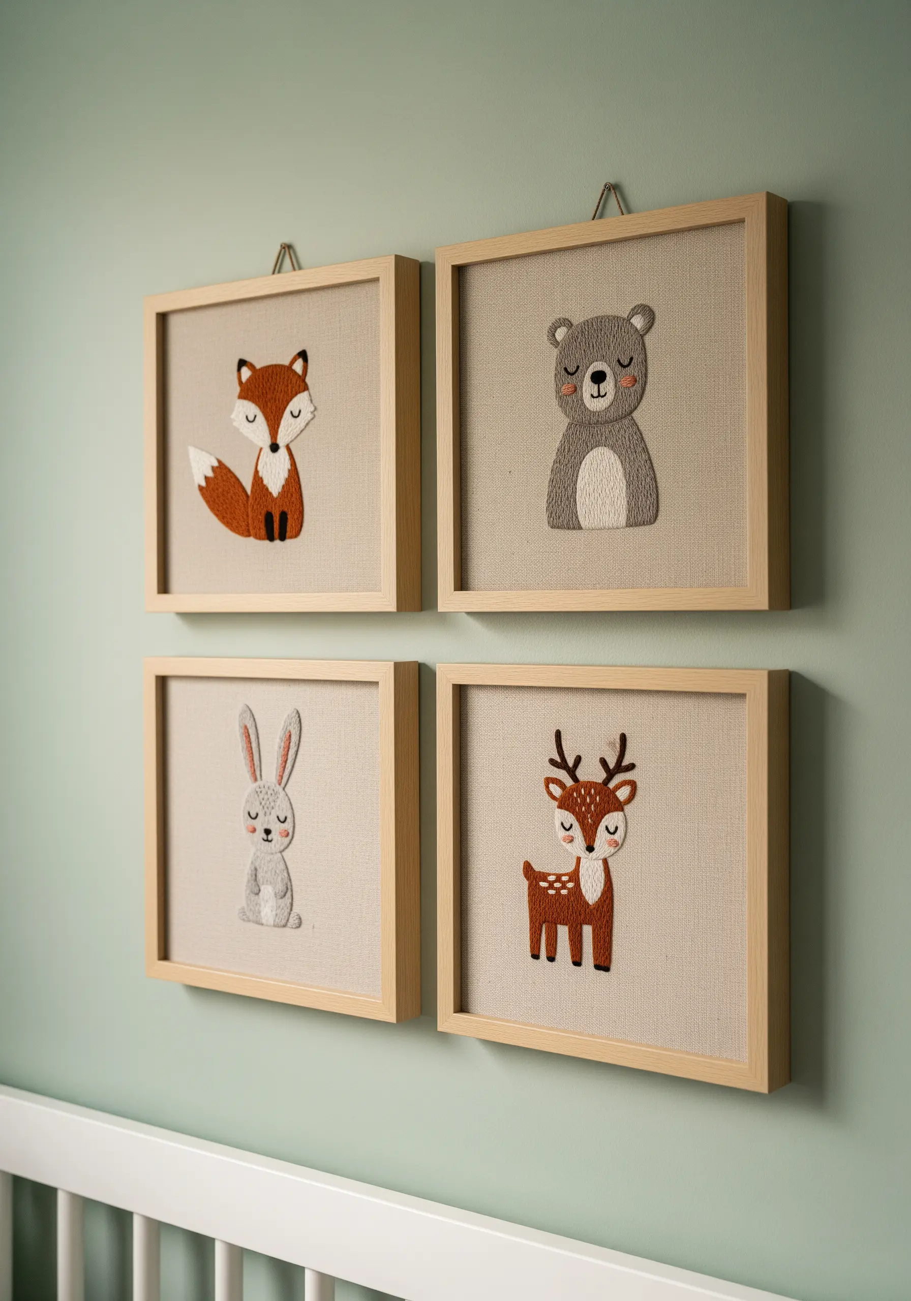A set of four framed nursery embroideries of a fox, bear, rabbit, and deer.