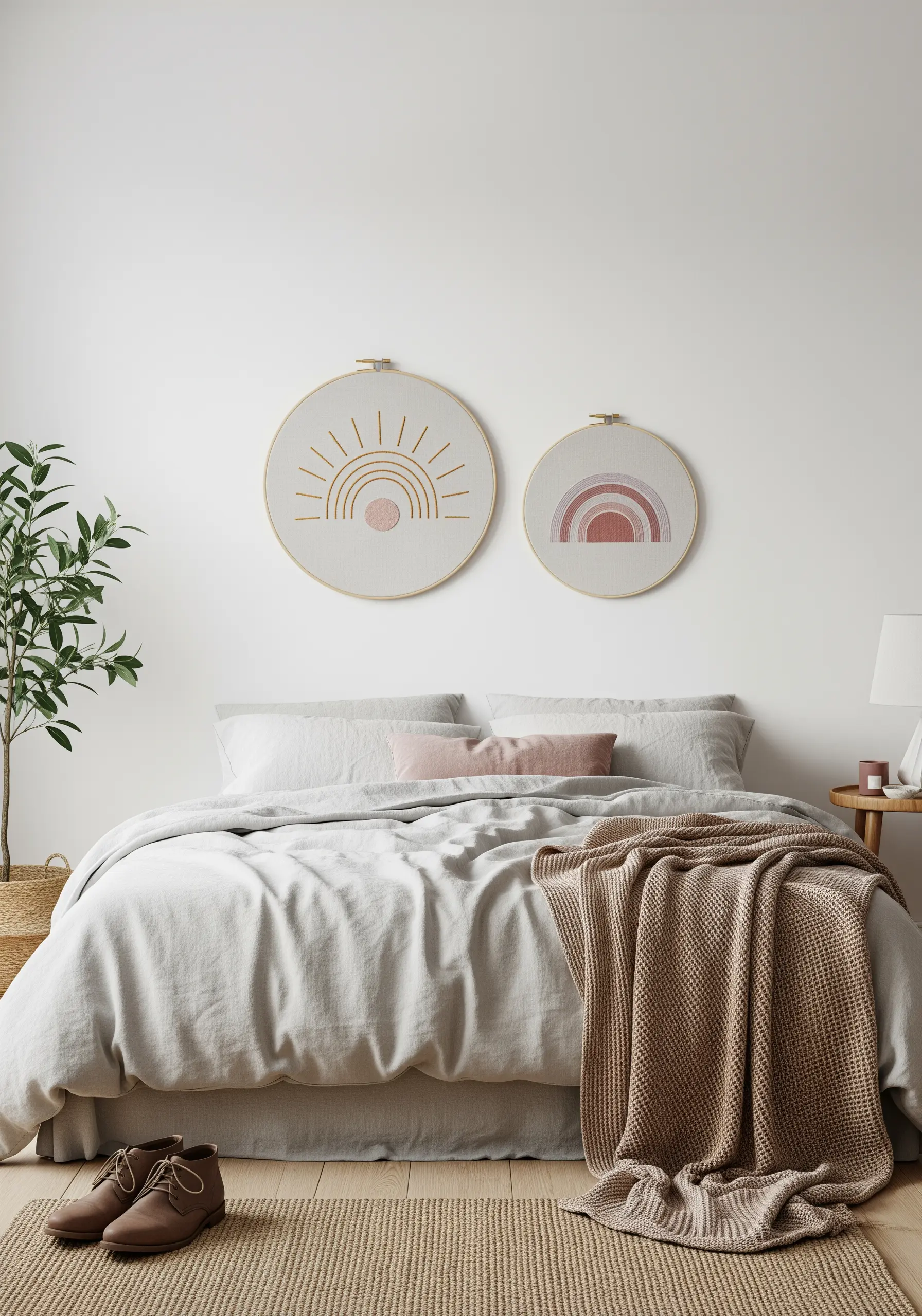 Two minimalist embroidery hoops with a sun and rainbow in muted pink and gold tones.