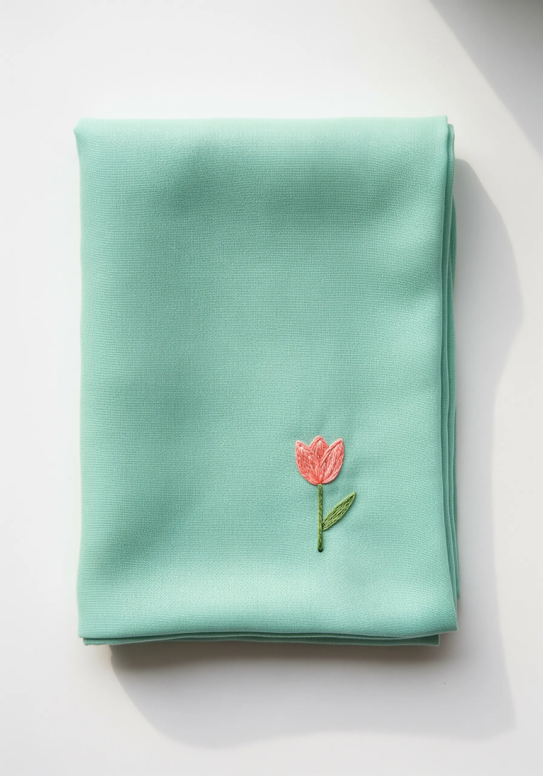 A simple embroidered tulip with variegated pink thread for the petals on a mint scarf.