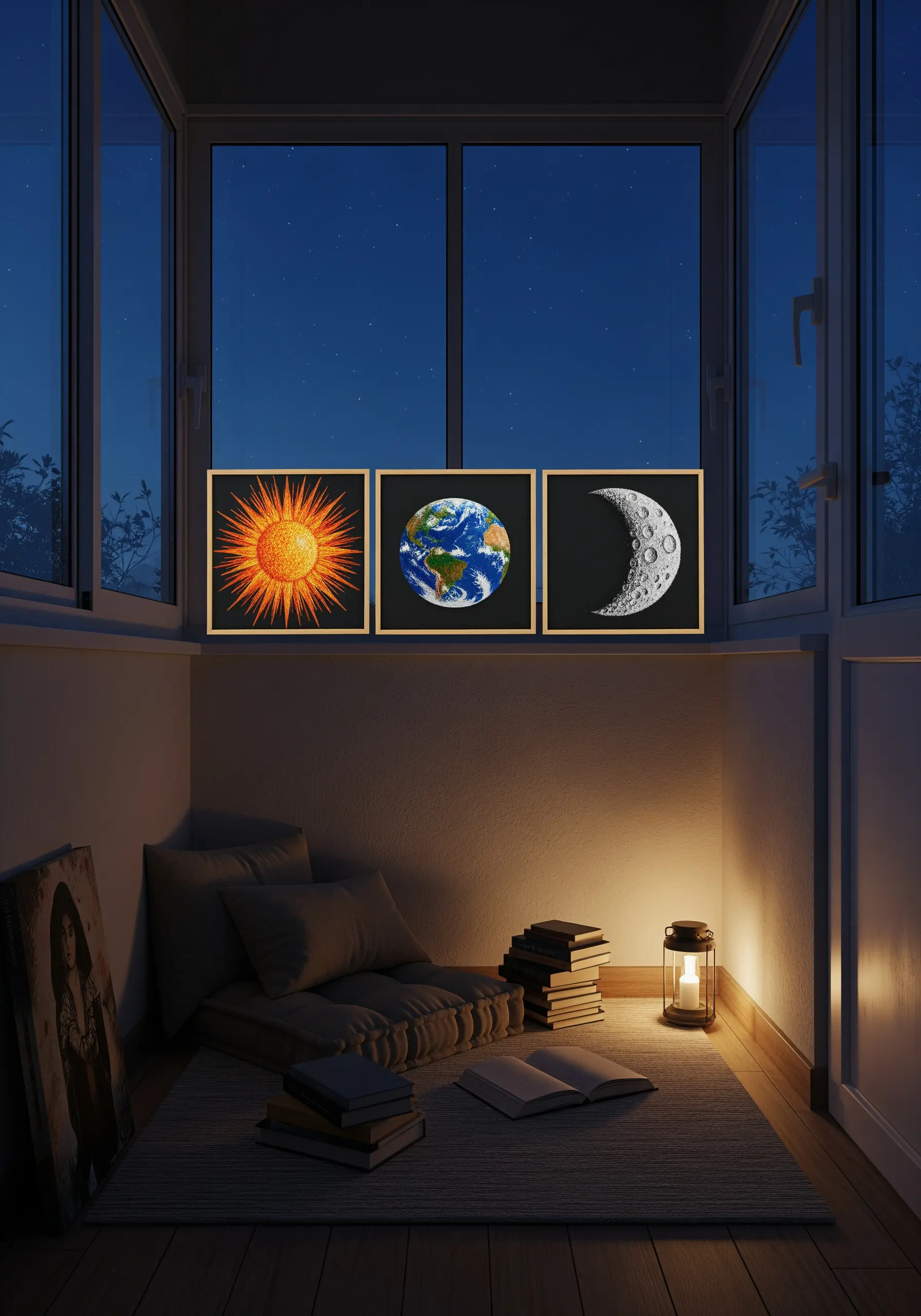 Embroidered triptych of the sun, Earth, and a crescent moon in a reading nook.