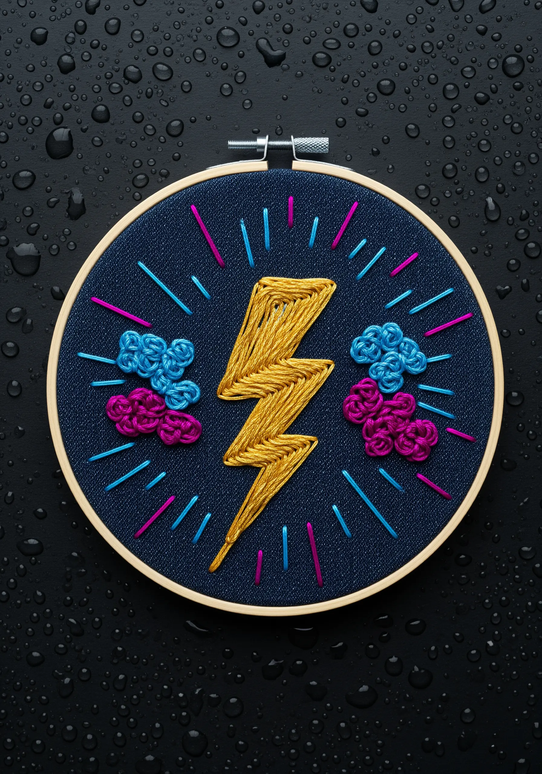 A golden satin-stitched lightning bolt with neon pink and blue clouds on dark navy fabric.