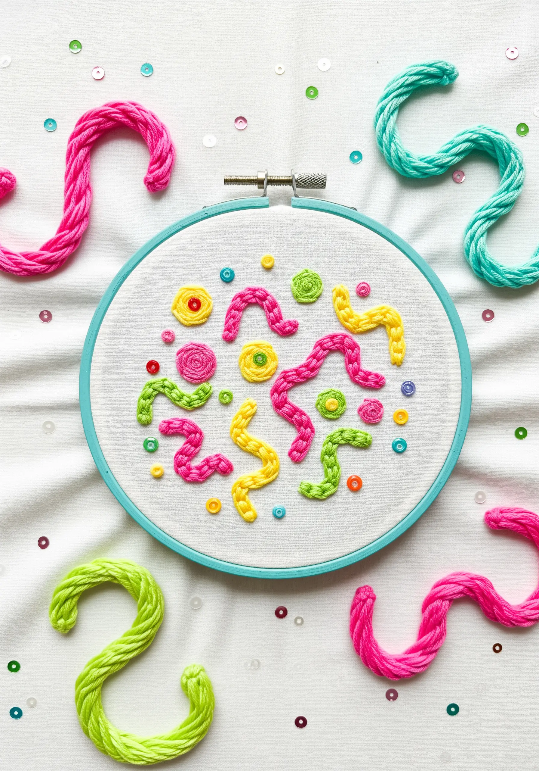 Playful 3D squiggles in bright pink, green, and yellow stitched on white fabric with sequins.