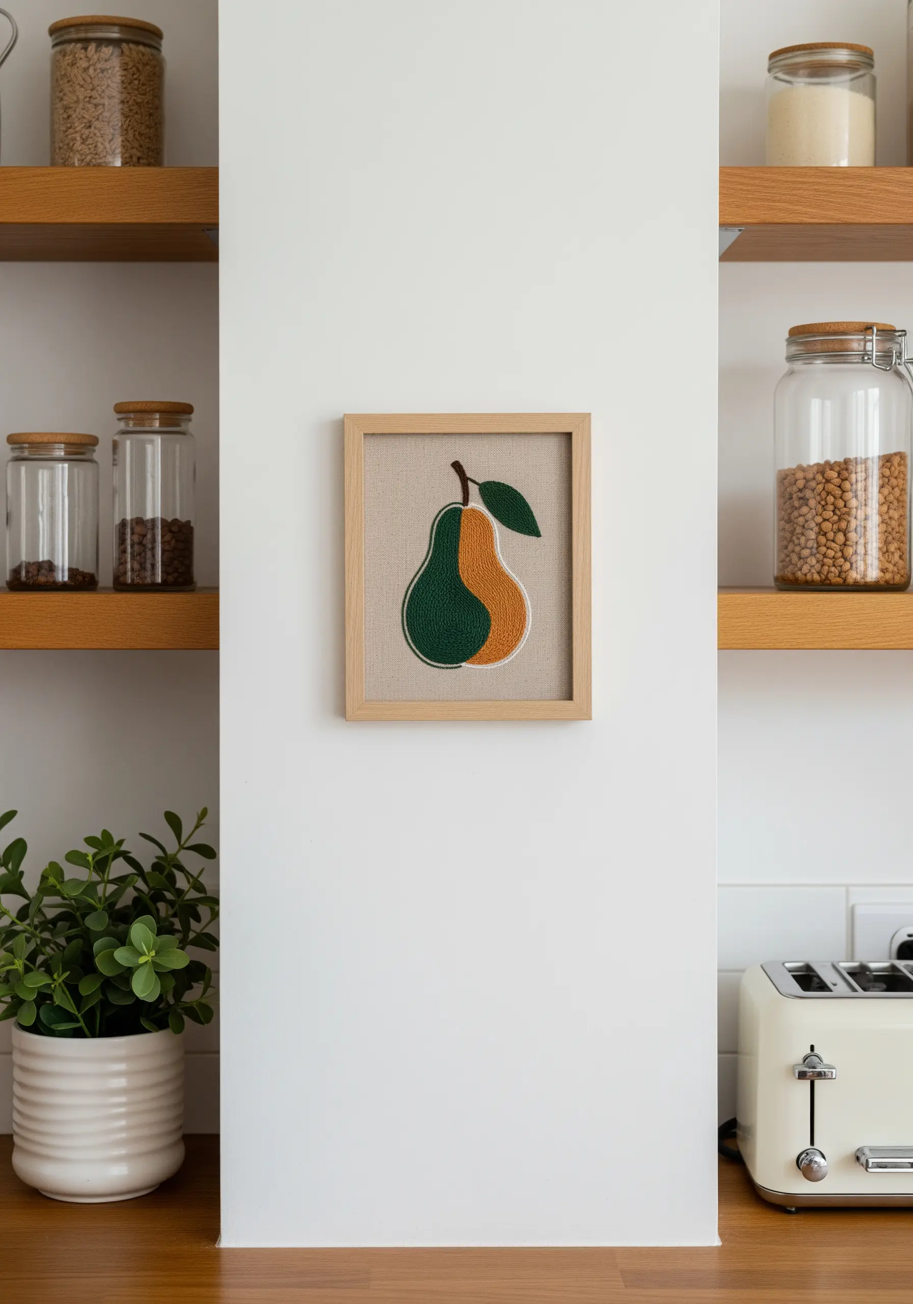 A framed embroidery of a pear, color-blocked in green and orange.