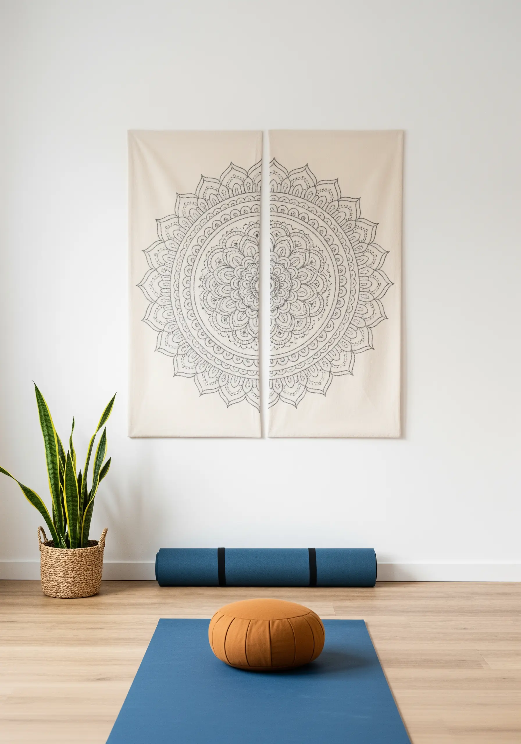 A large mandala design split across two vertical fabric panels, hung as a diptych in a yoga room.