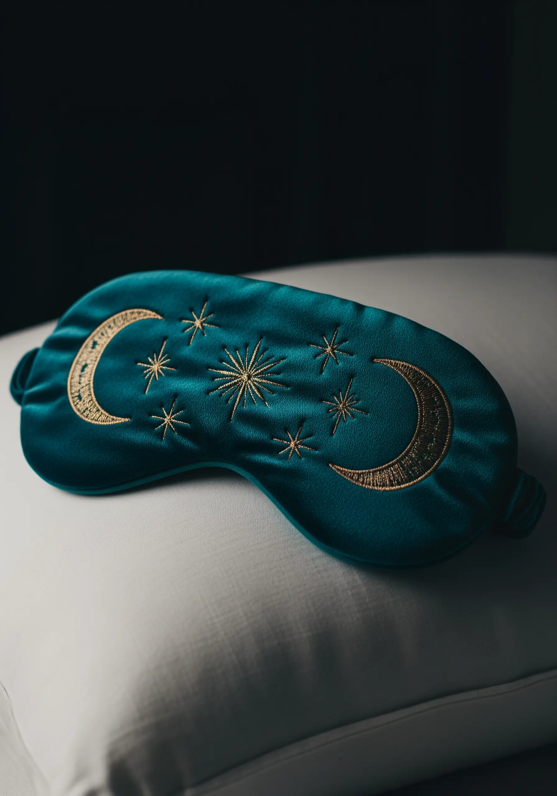 A teal velvet sleep mask with celestial moons and stars embroidered in gold metallic thread.