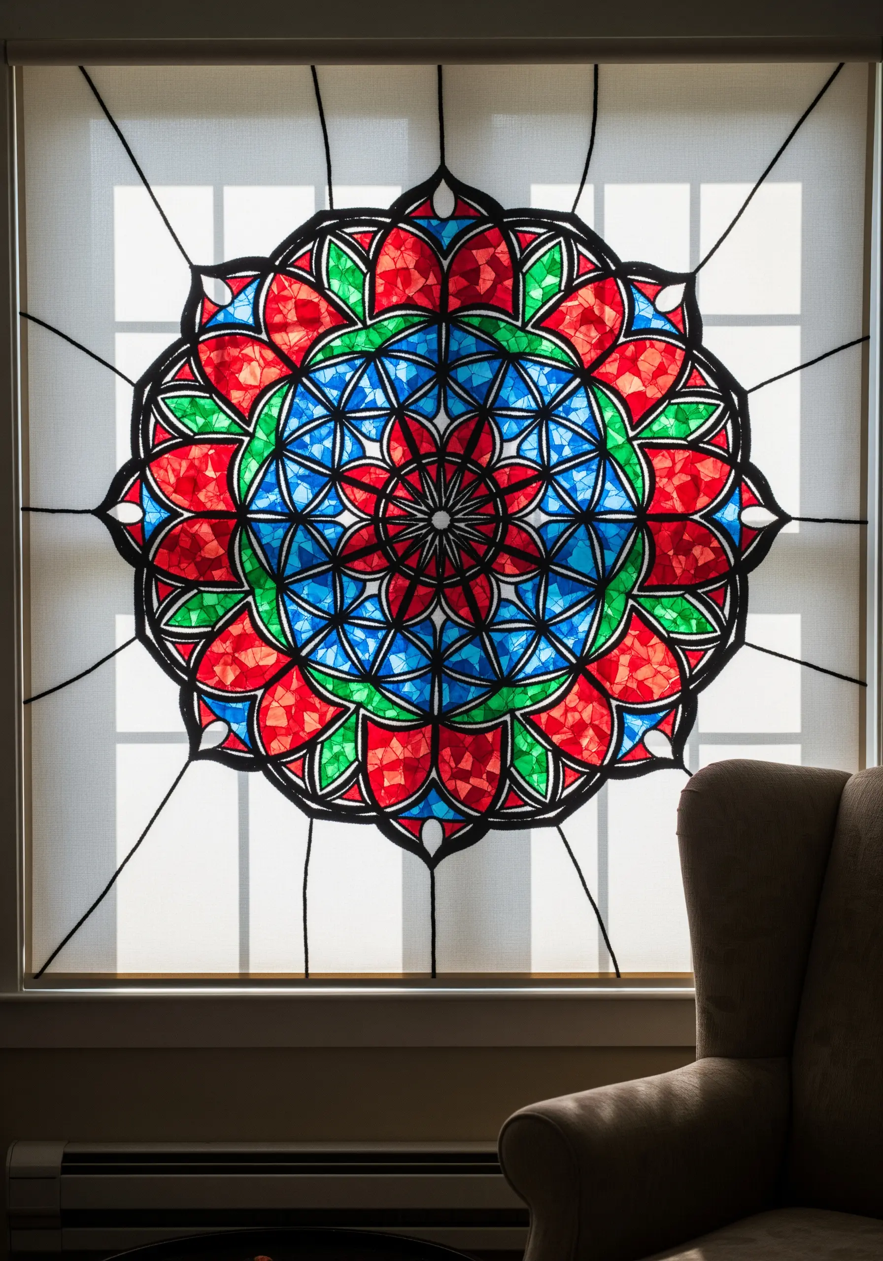 A vibrant embroidered mandala that mimics stained glass, hanging in a window.