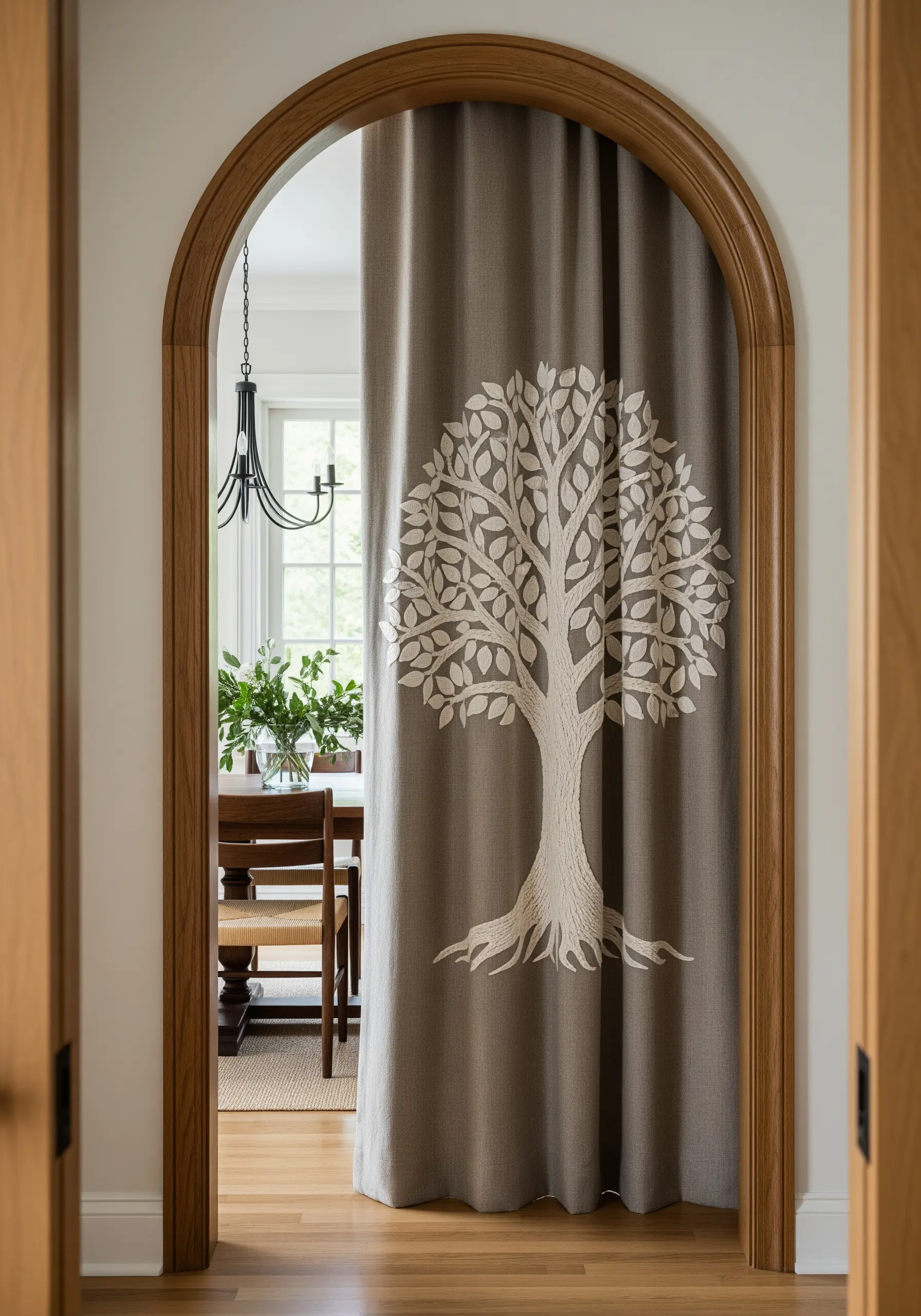 A heavy greige door curtain featuring a large, fully embroidered Tree of Life in ivory thread.