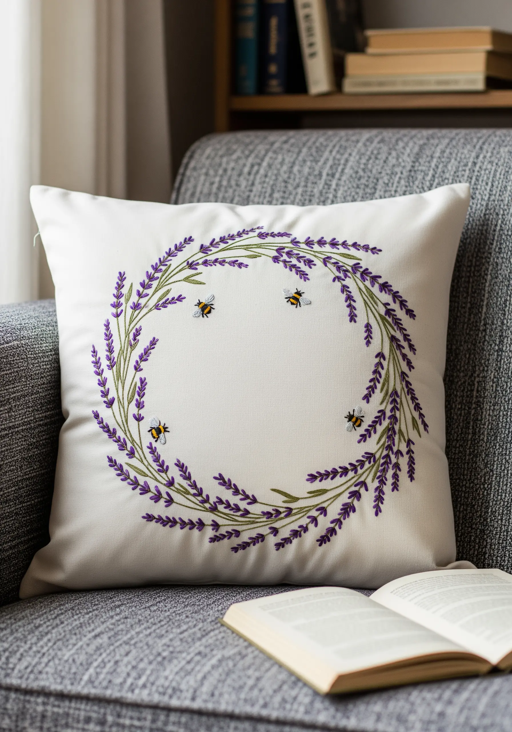 Embroidered wreath of lavender with three small bees on a pillow.