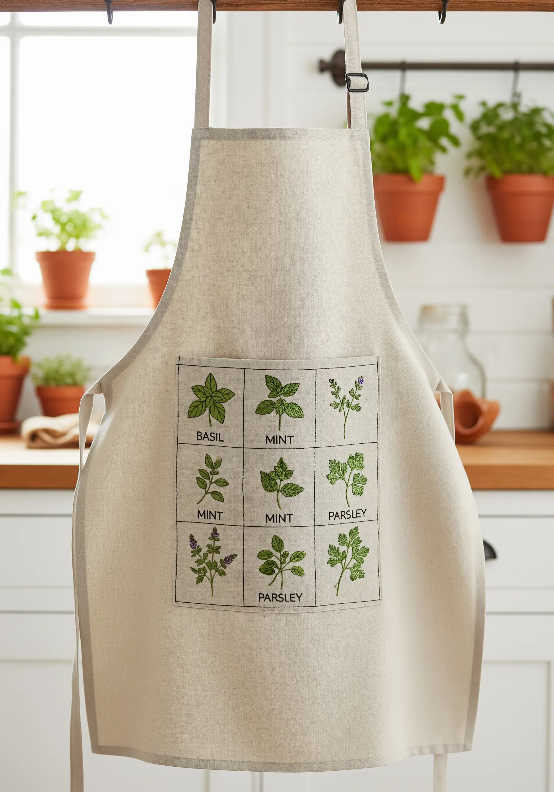 A linen apron with an embroidered nine-square grid of different herbs like basil and mint.