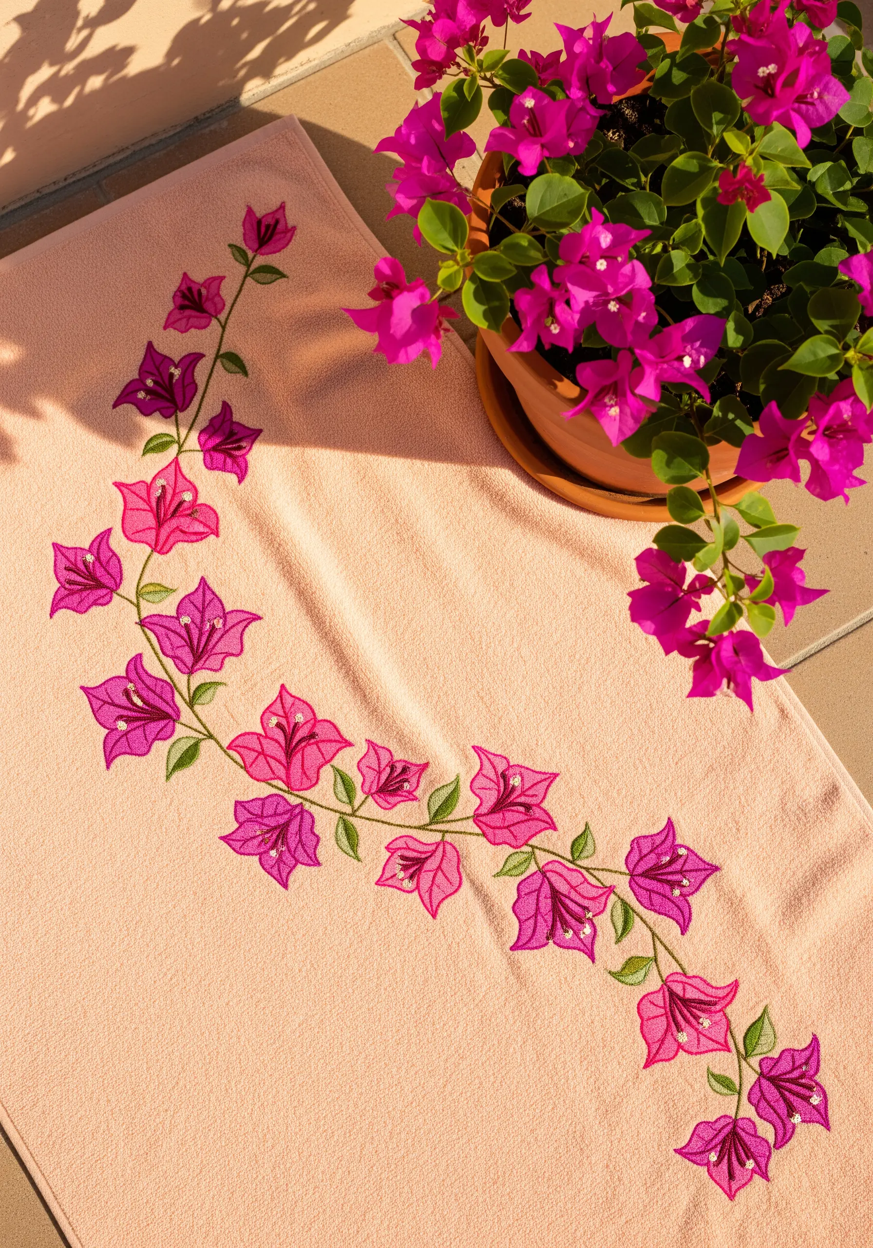 A climbing vine of pink and magenta bougainvillea flowers embroidered on a peach-colored towel.