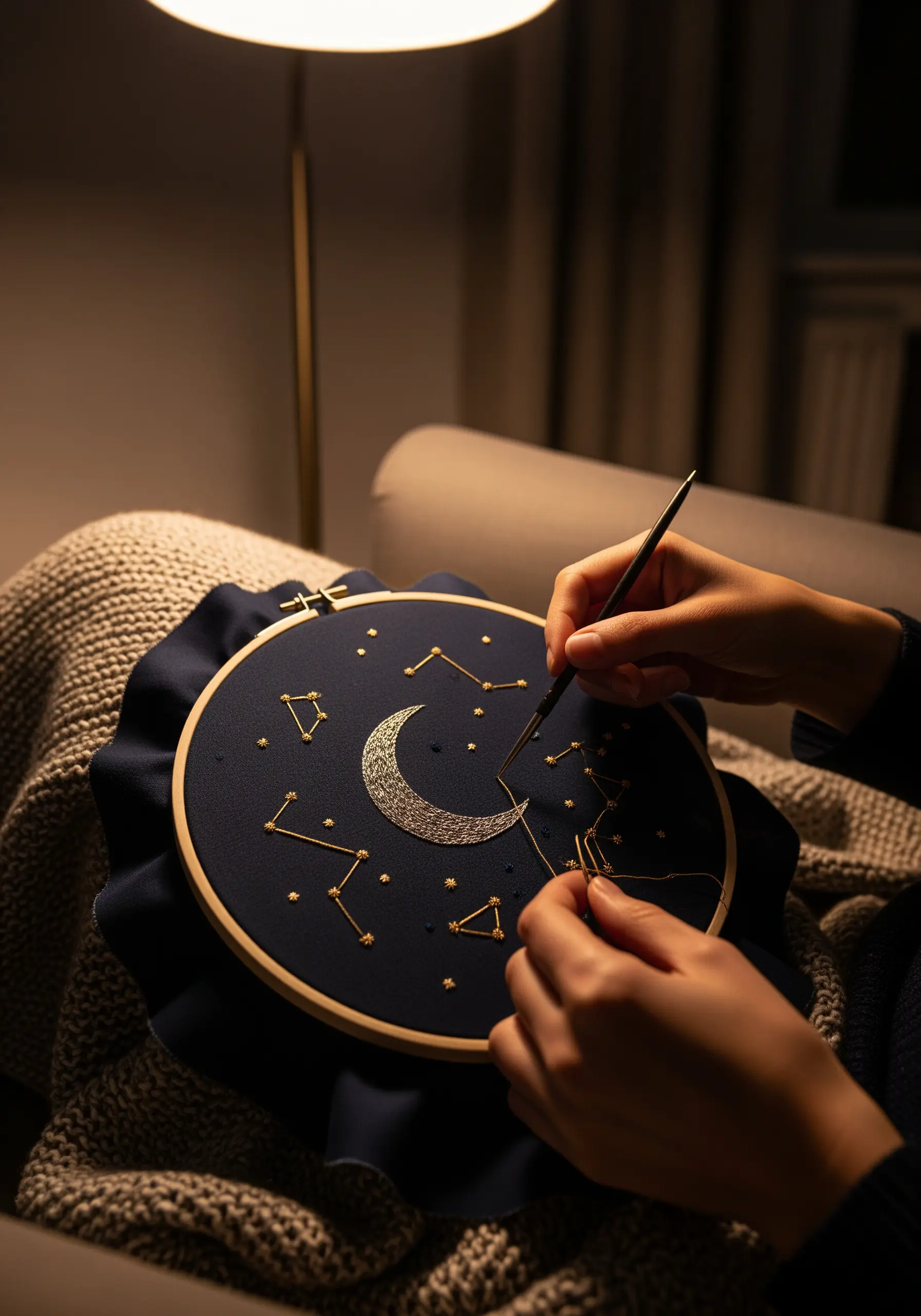 Stitching a crescent moon and constellations on dark navy fabric with metallic thread.