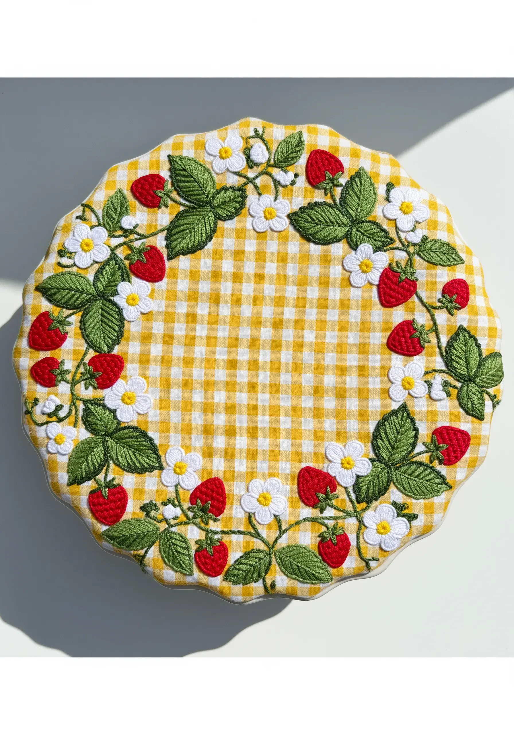 A charming wreath of embroidered strawberries and flowers on a yellow and white gingham background.