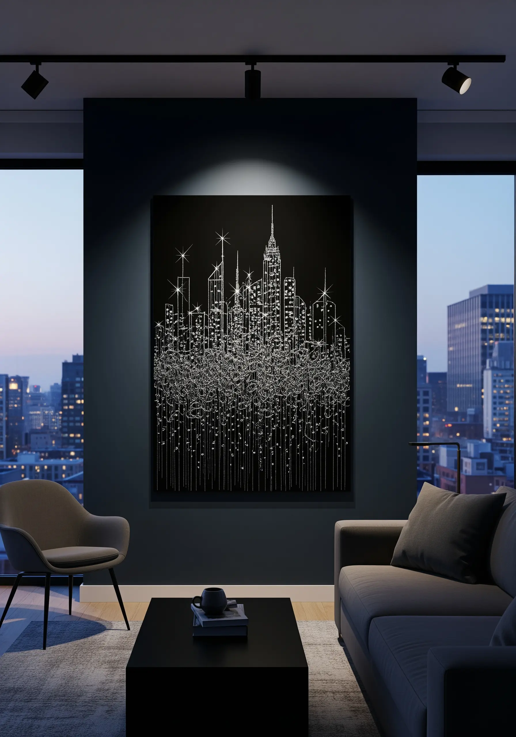 An embroidered cityscape at night, stitched with silver metallic thread on black fabric.
