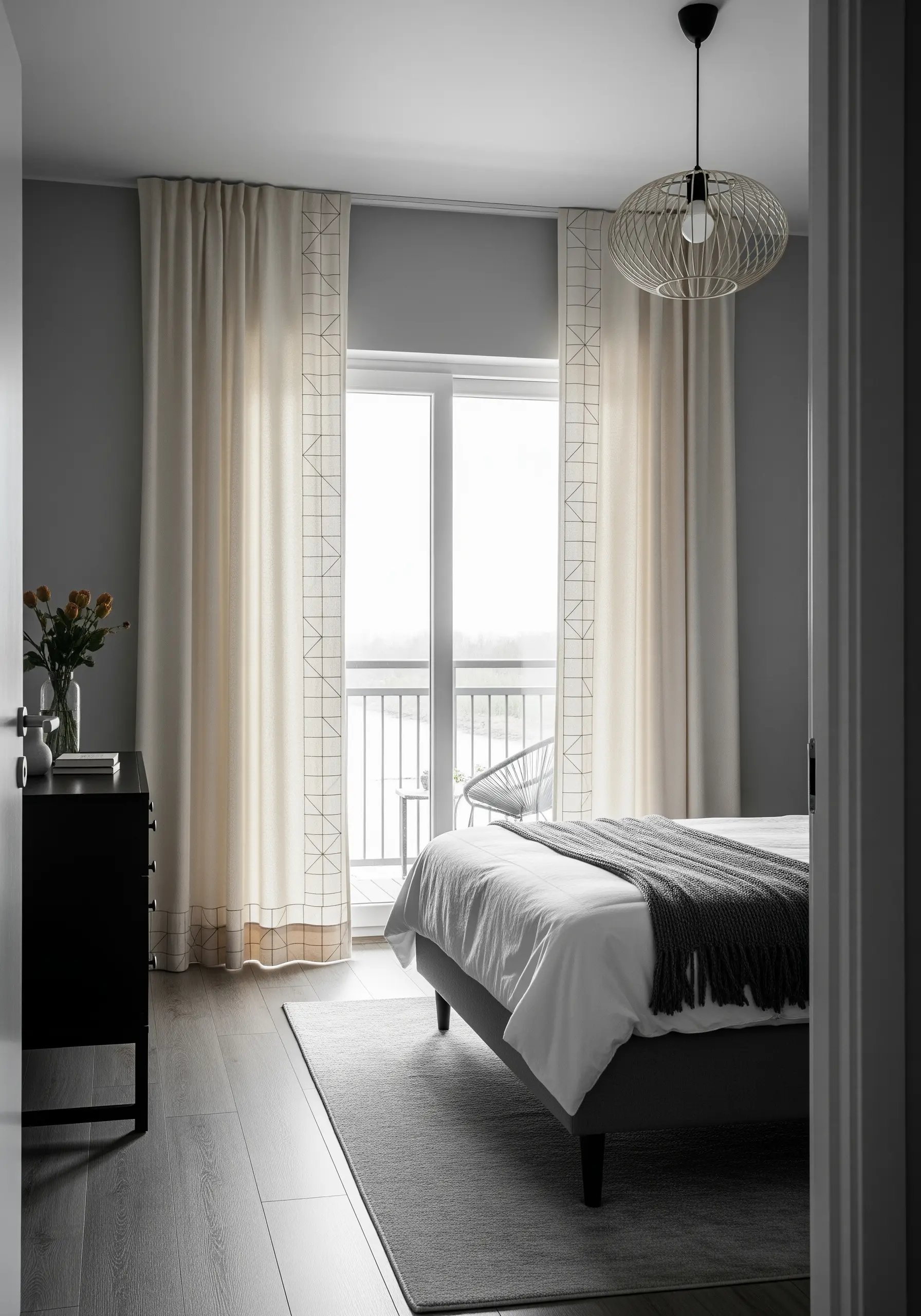 A minimalist geometric grid embroidered down the edge of a modern bedroom curtain.
