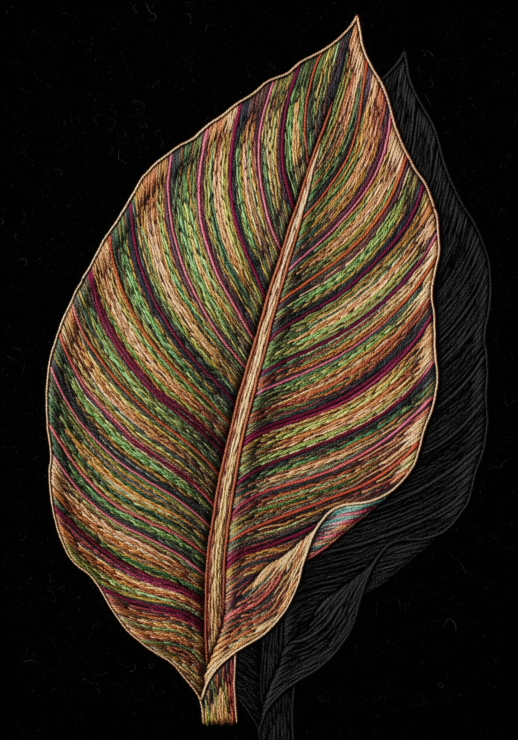 A multi-colored leaf on black fabric with a shadow made of fine, parallel black lines.