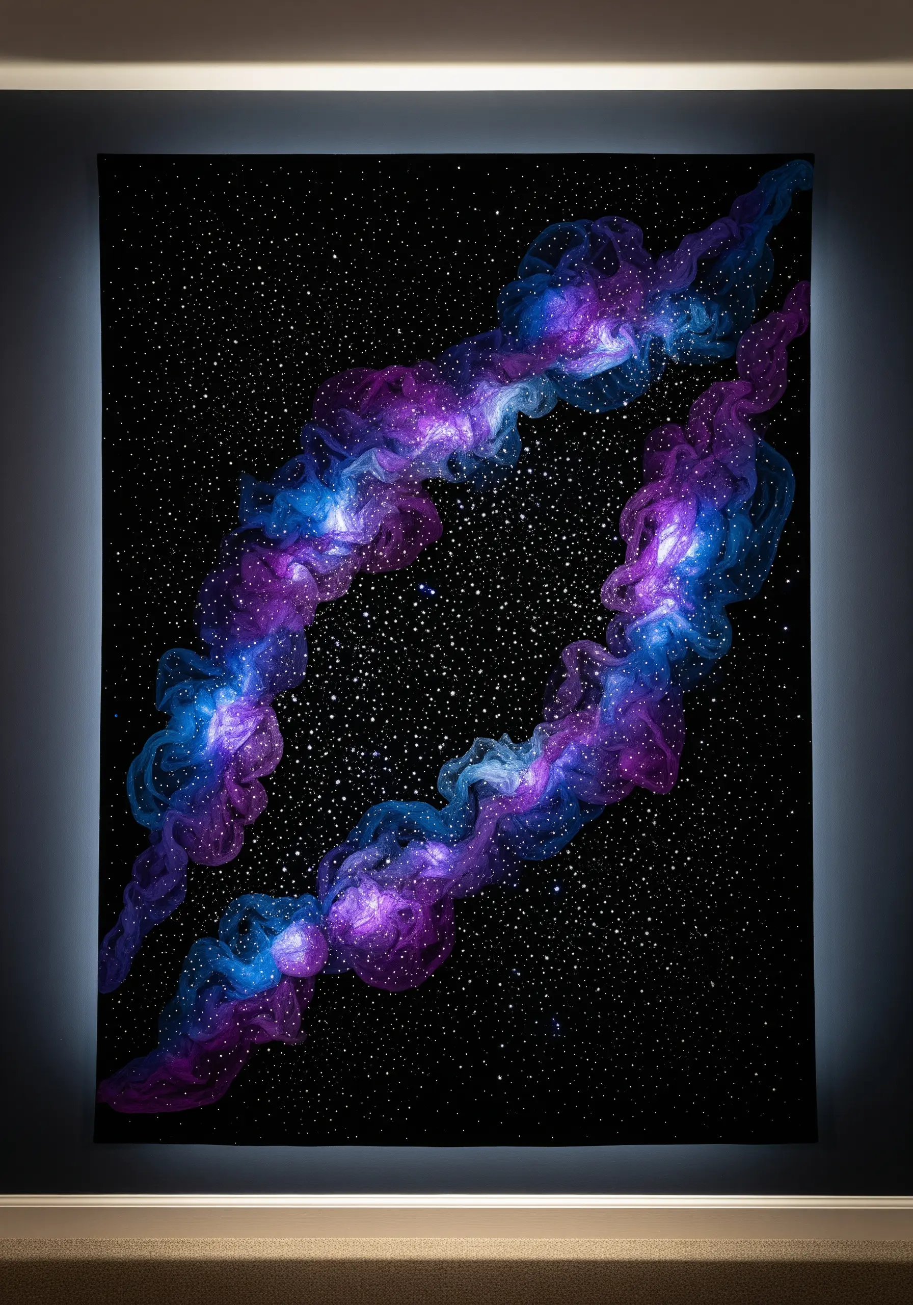 A textile artwork depicting a purple and blue nebula on a black background dotted with star-like stitches.