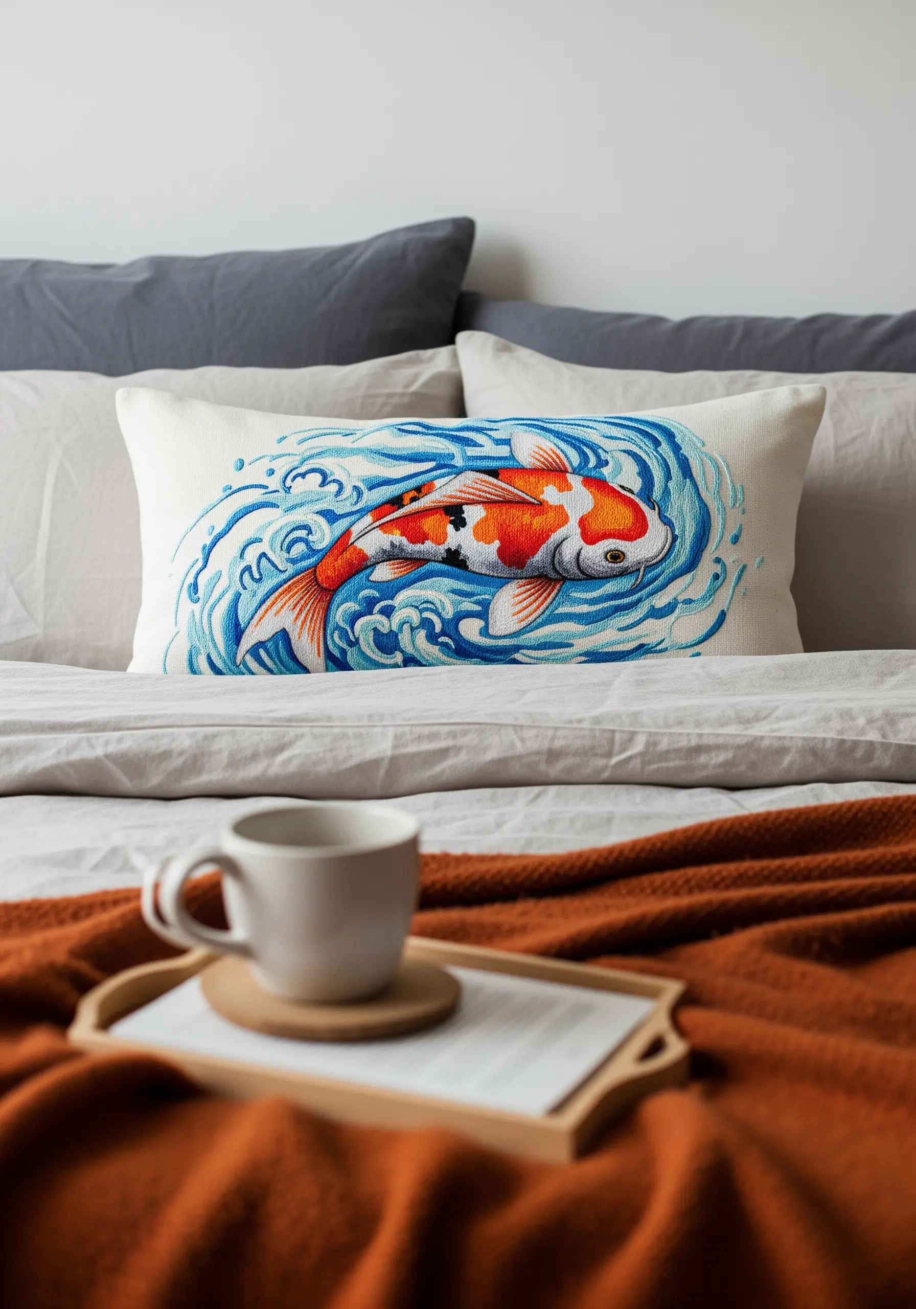 A rectangular pillow with a vibrant embroidered koi fish swimming in stylized blue waves.