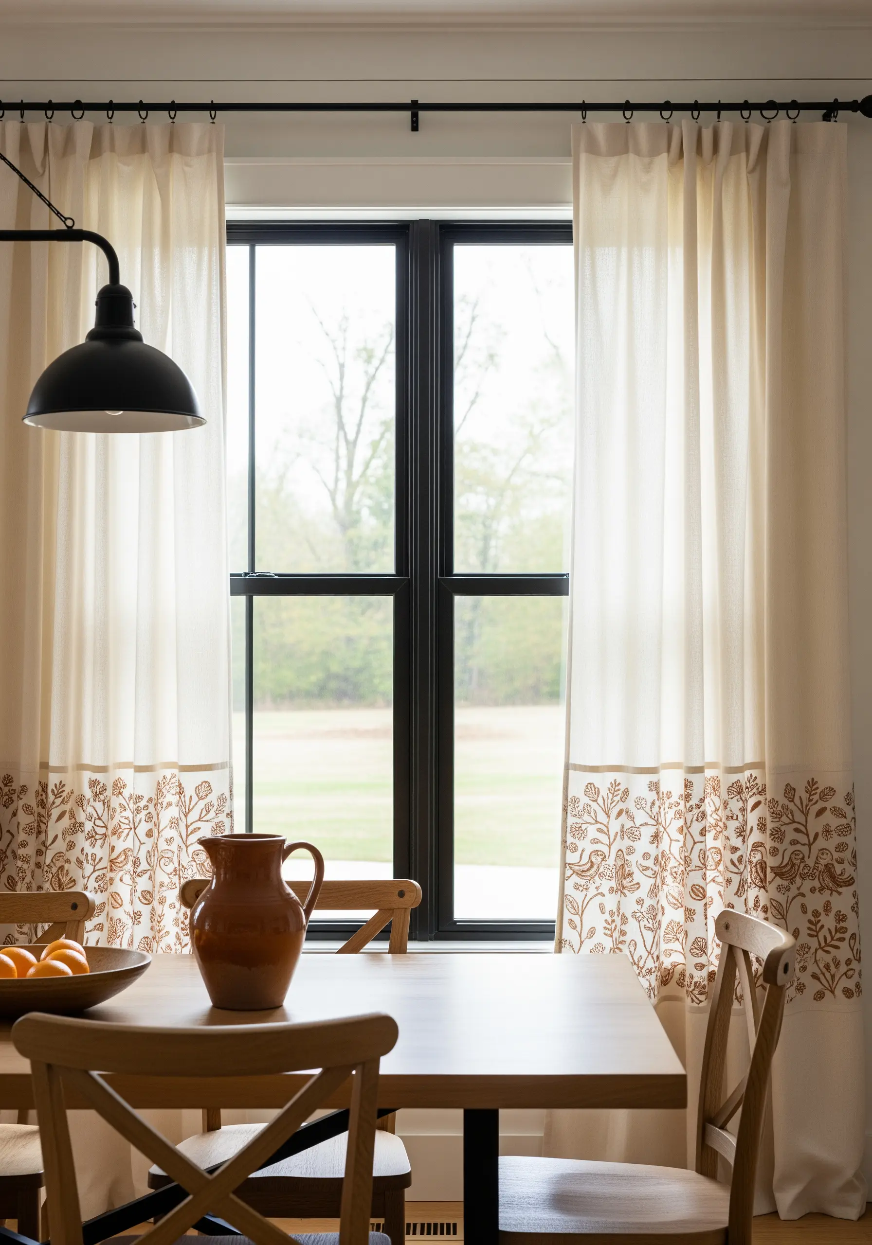 Folk art style embroidered border with birds and botanicals on cream curtains.
