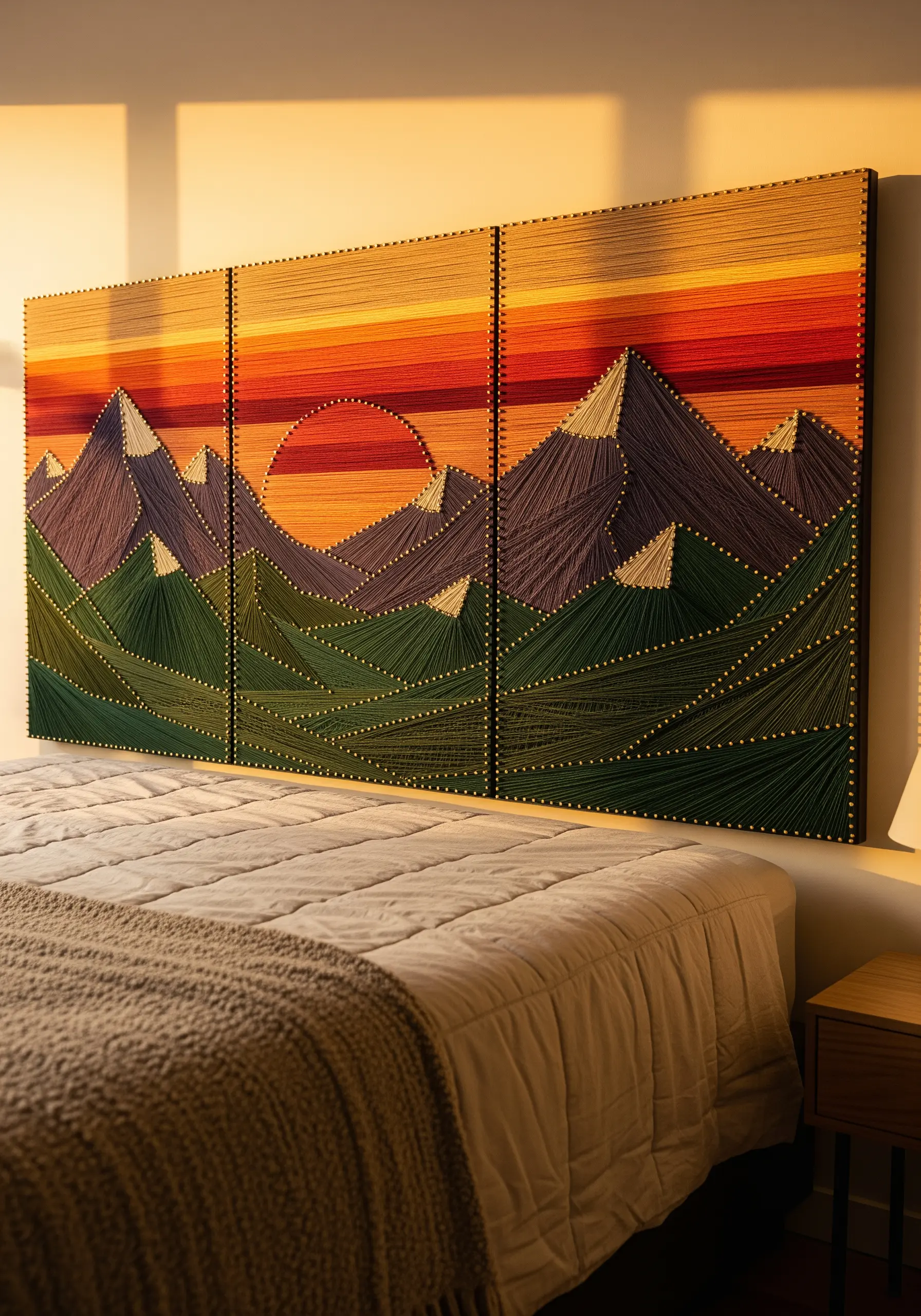 Three-panel string art of a mountain landscape with a gradient sunset