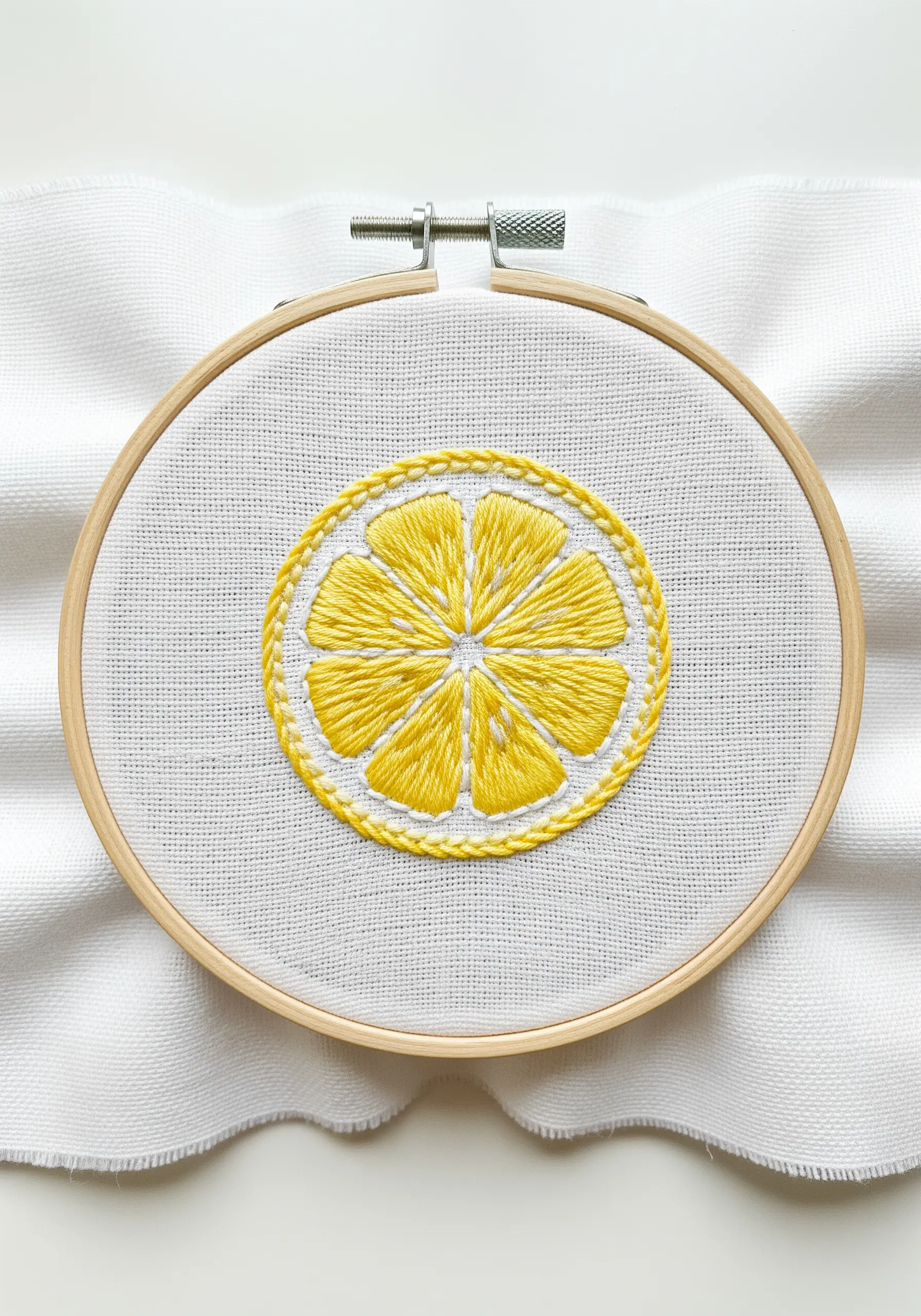 A bright yellow lemon slice embroidered with radial satin stitch segments on white fabric.