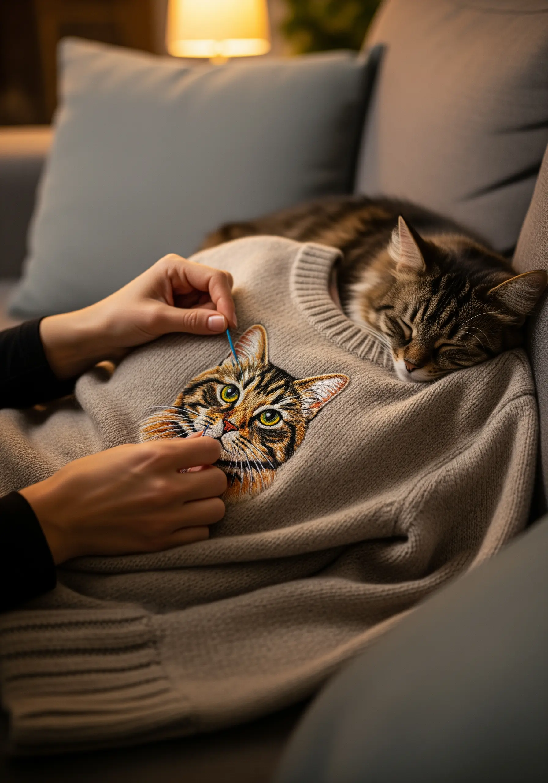 A hyper-realistic embroidered portrait of a tabby cat being stitched onto a sweater.