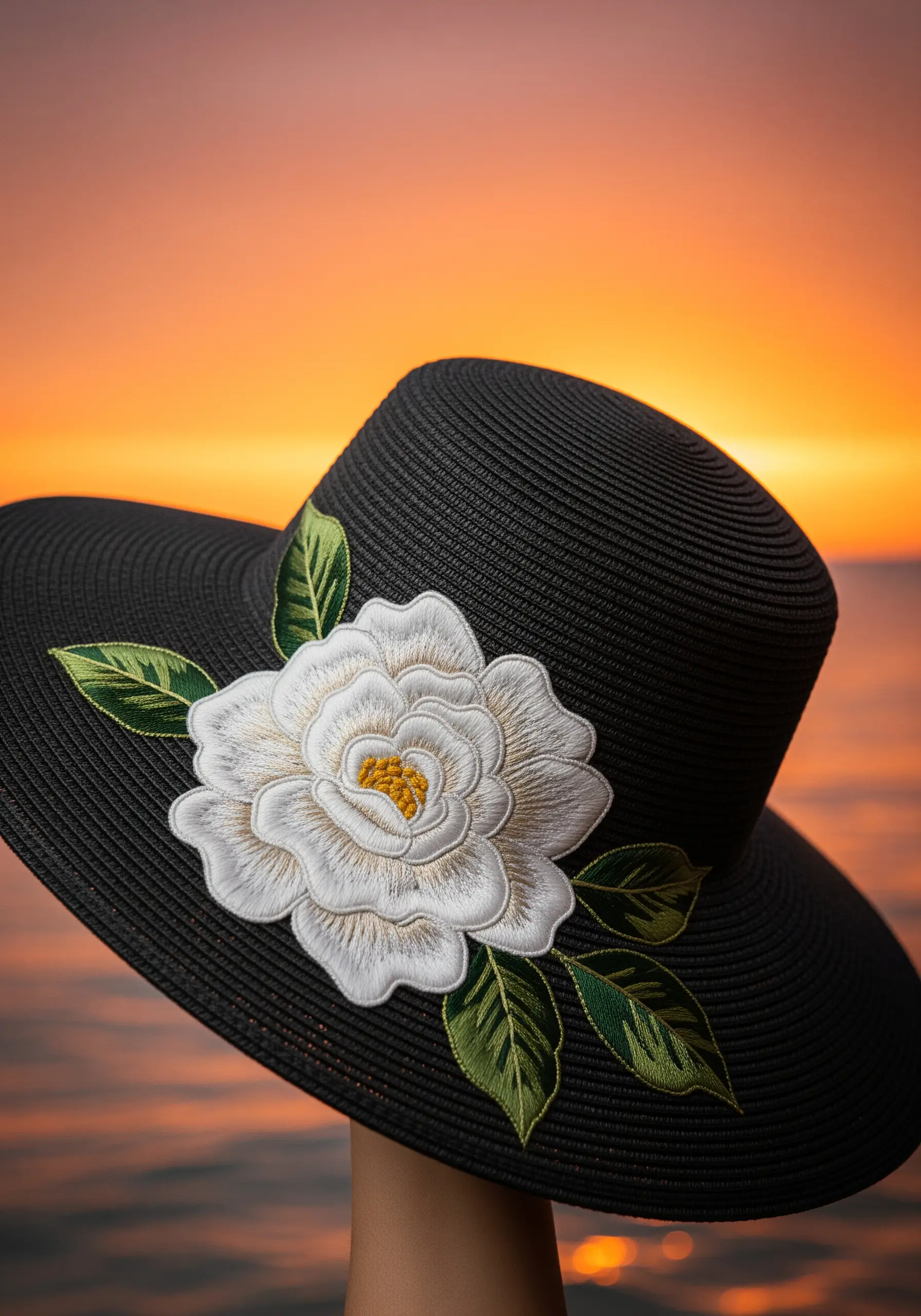 A large, luminous white gardenia with green leaves embroidered on a black wide-brimmed hat.