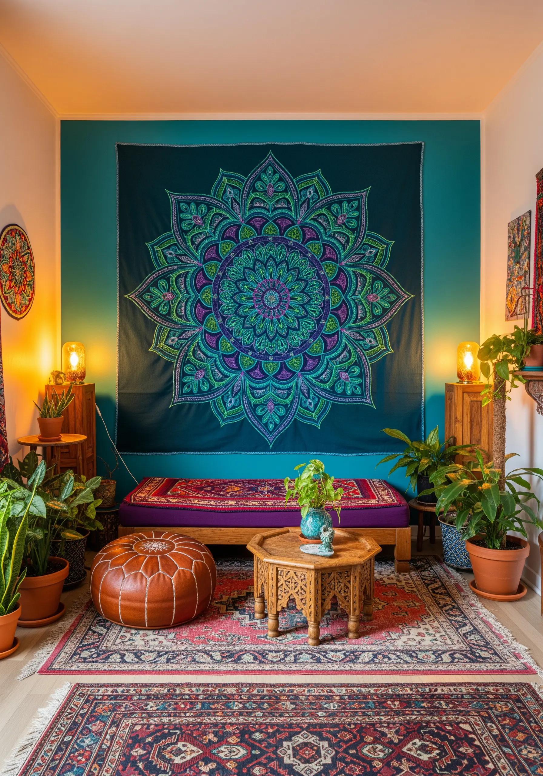 A large, intricate mandala tapestry in shades of blue, green, and purple hanging on a wall.