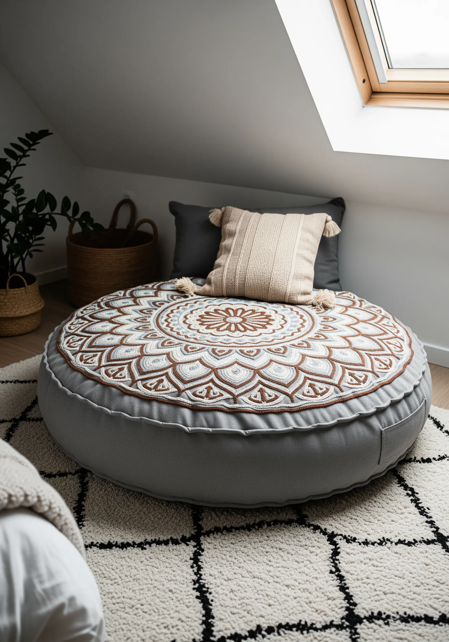 A large, round floor cushion with an intricately embroidered mandala pattern on top.