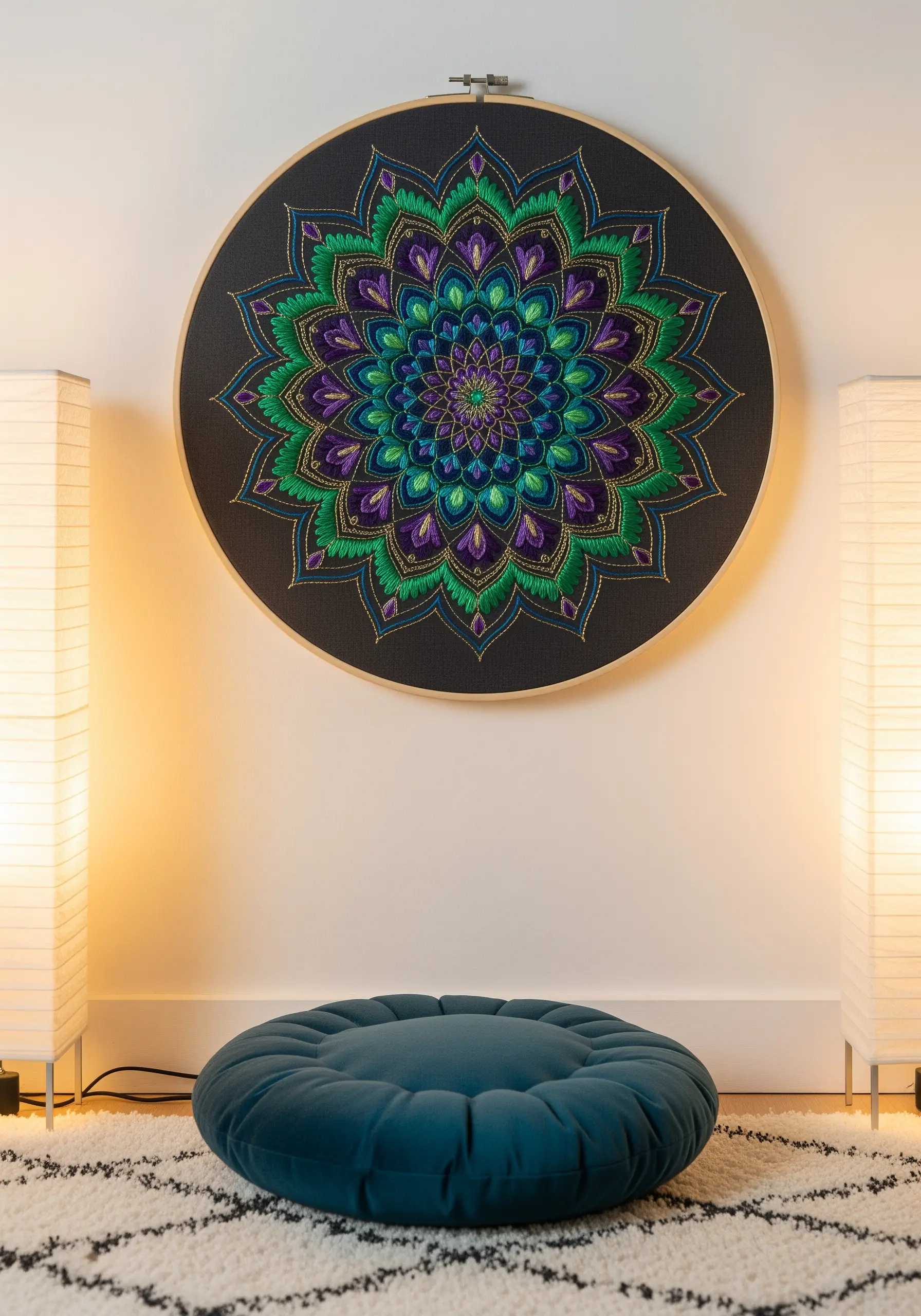 A large, intricate mandala embroidered in greens, purples, and blues on black fabric.