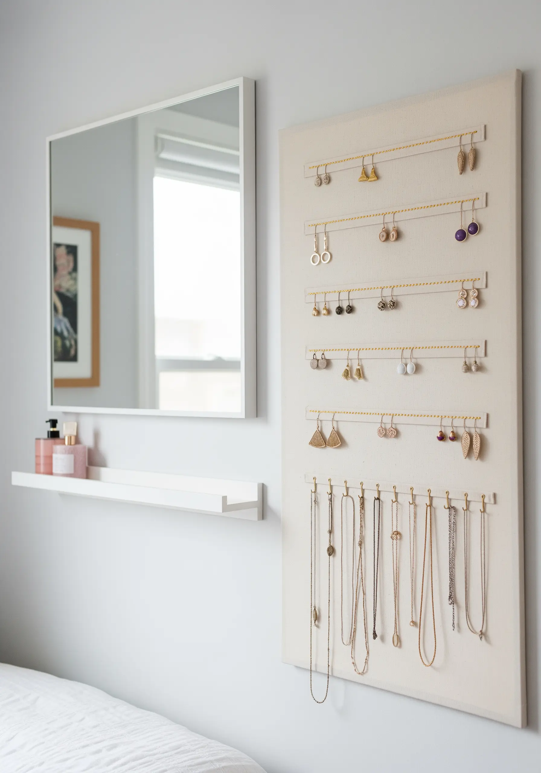 A canvas jewelry organizer with stitched horizontal lines for holding earrings and necklaces