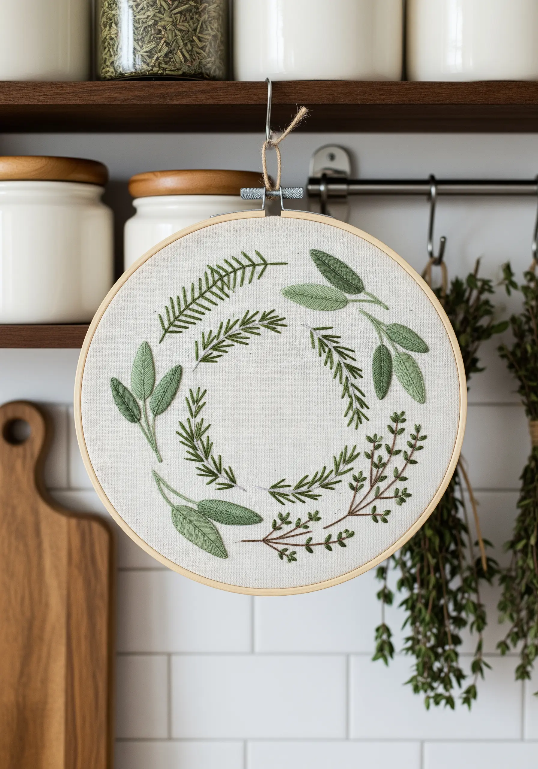 A minimalist embroidery wreath of kitchen herbs like sage and rosemary on white fabric.