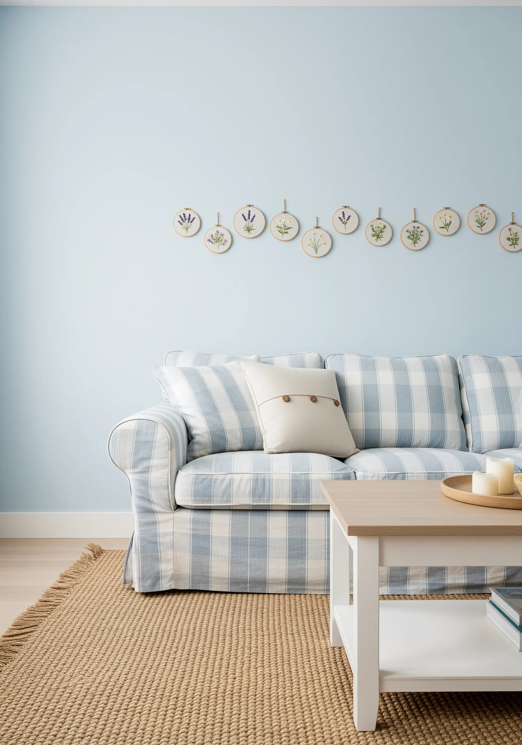 A horizontal line of small embroidery hoops, each with a simple sprig of lavender or herbs.